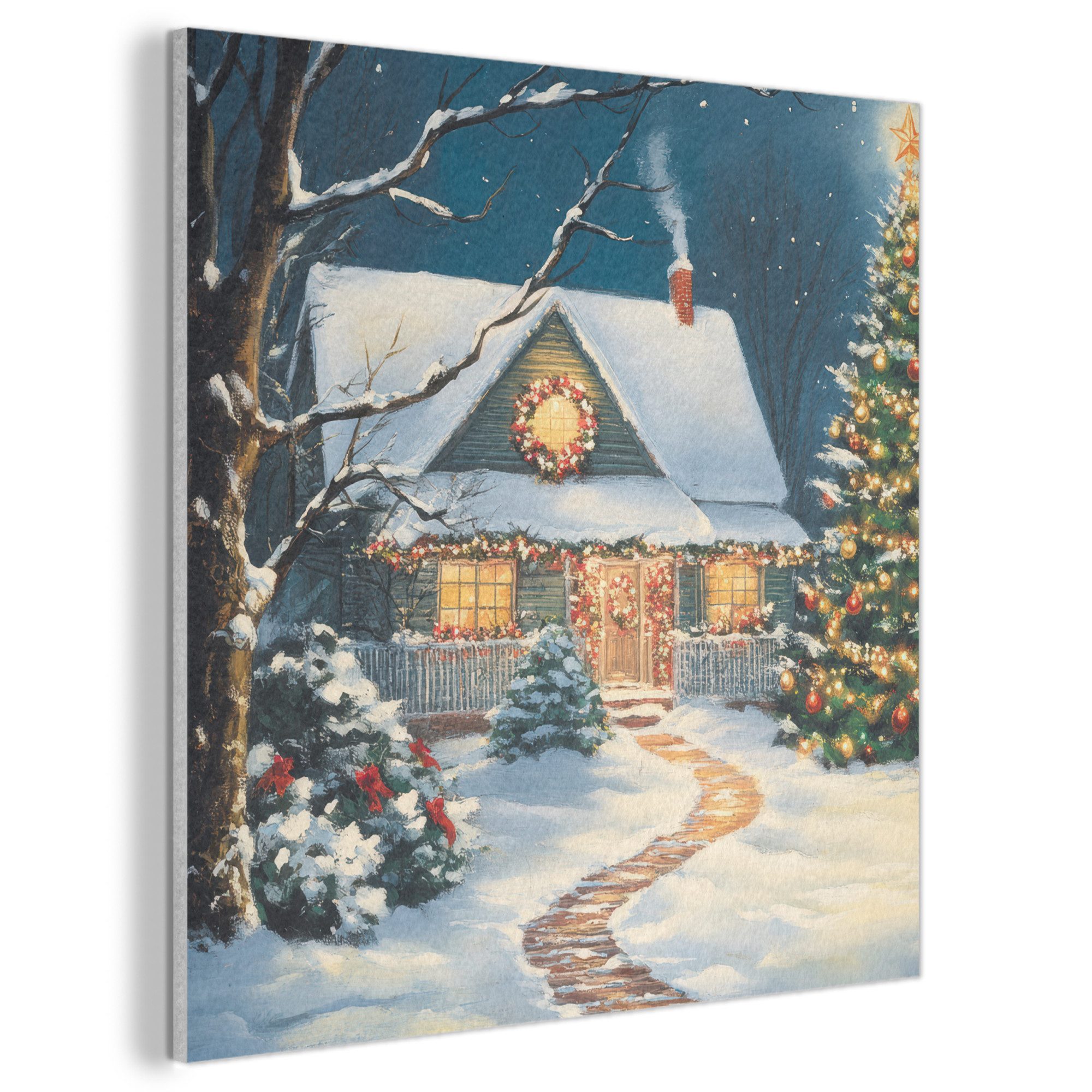 MuchoWow Gemälde Weihnachten - Weihnachtsbaum - Winter - Zuhause - Schnee, Fotodruck (1 St), Akustikbilder PET-Filz, Wandpaneele, Akustikpaneele 90x90 cm