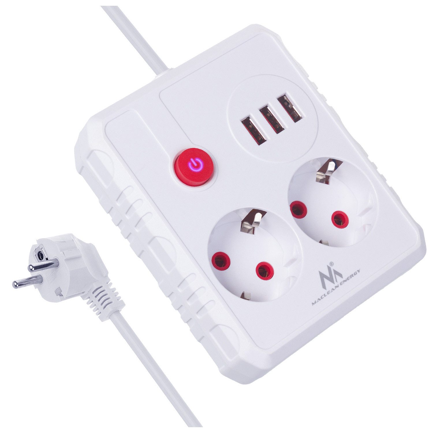 Maclean 2 Steckdosen 2500W 3xUSB Mehrfachsteckdose 2-fach (Kabellänge 1.5 m), 110-240V AC 50/60Hz, 2,1A max 2500W