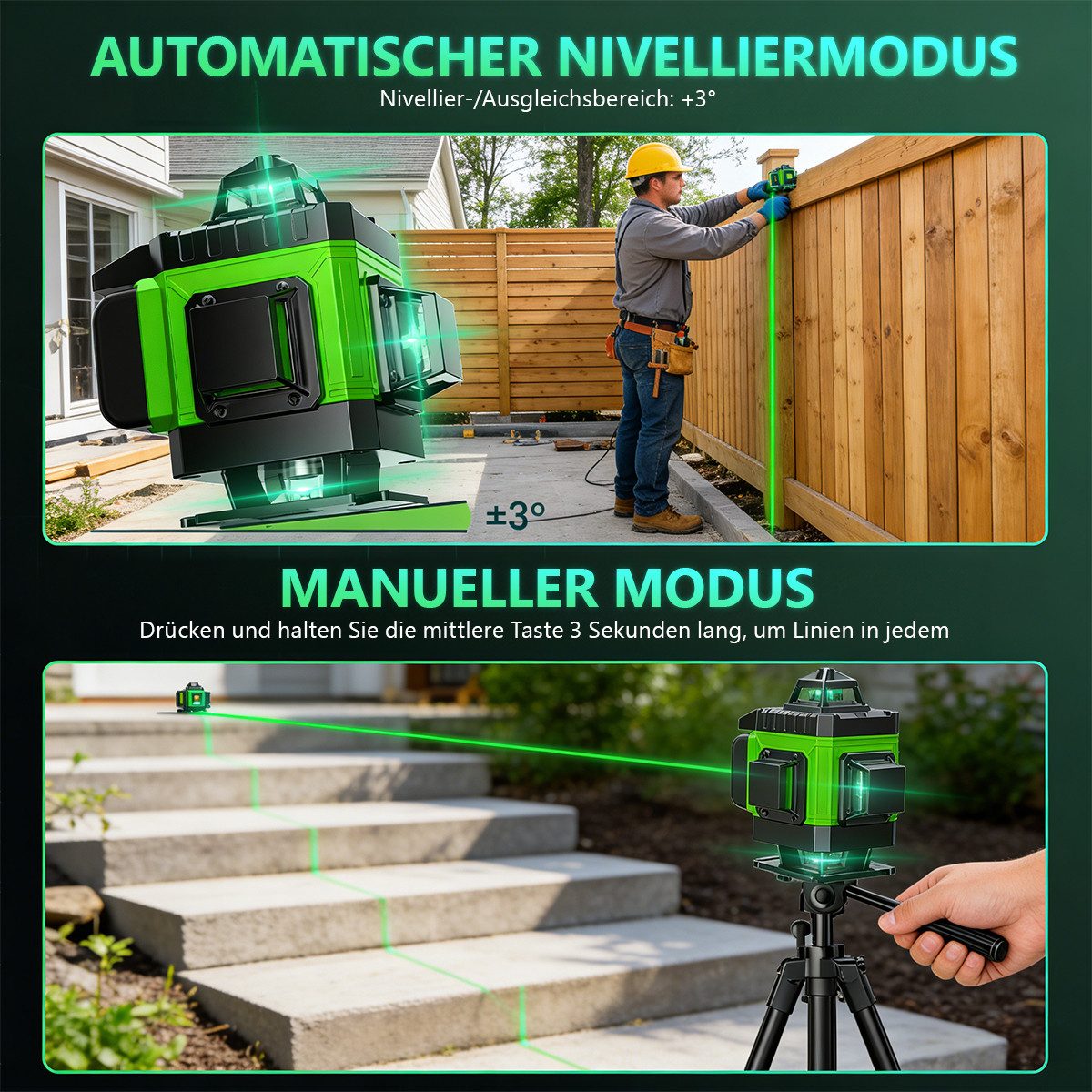 AeroAxis Kreuzlinienlaser Laserwasserwaage 4×360° 16 Linien – Selbstnivellierend ±0,3 mm/m, 2×2500 mAh Akku, Digitalanzeige – Präzise für Baustelle & Heimwerker