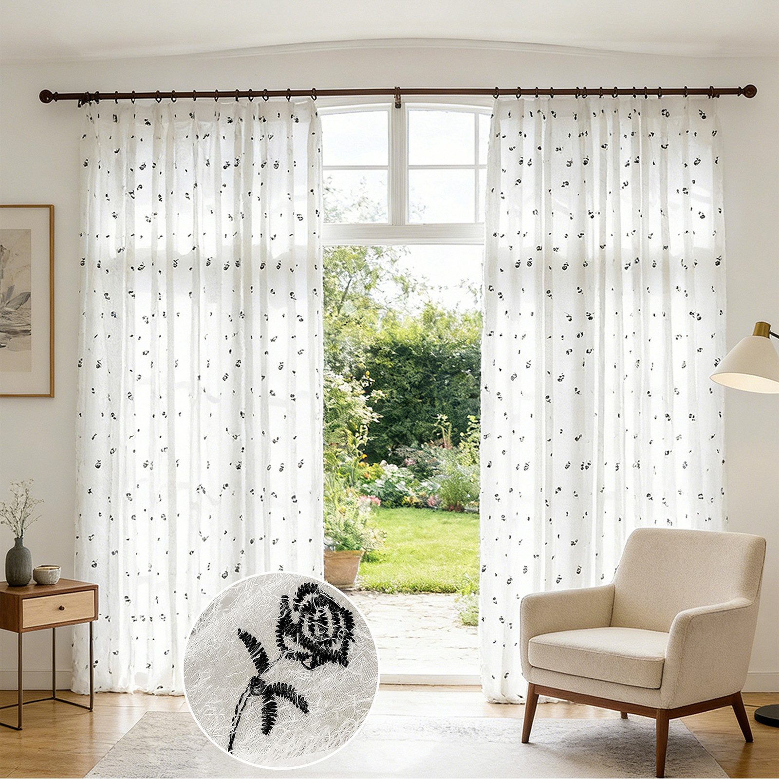 Sunicol Gardine Rosen bestickt Gardine Kräuselband Voile Vorhänge Luftig Dekoschal, Vorhänge für wohnzimmer Schlafzimmer