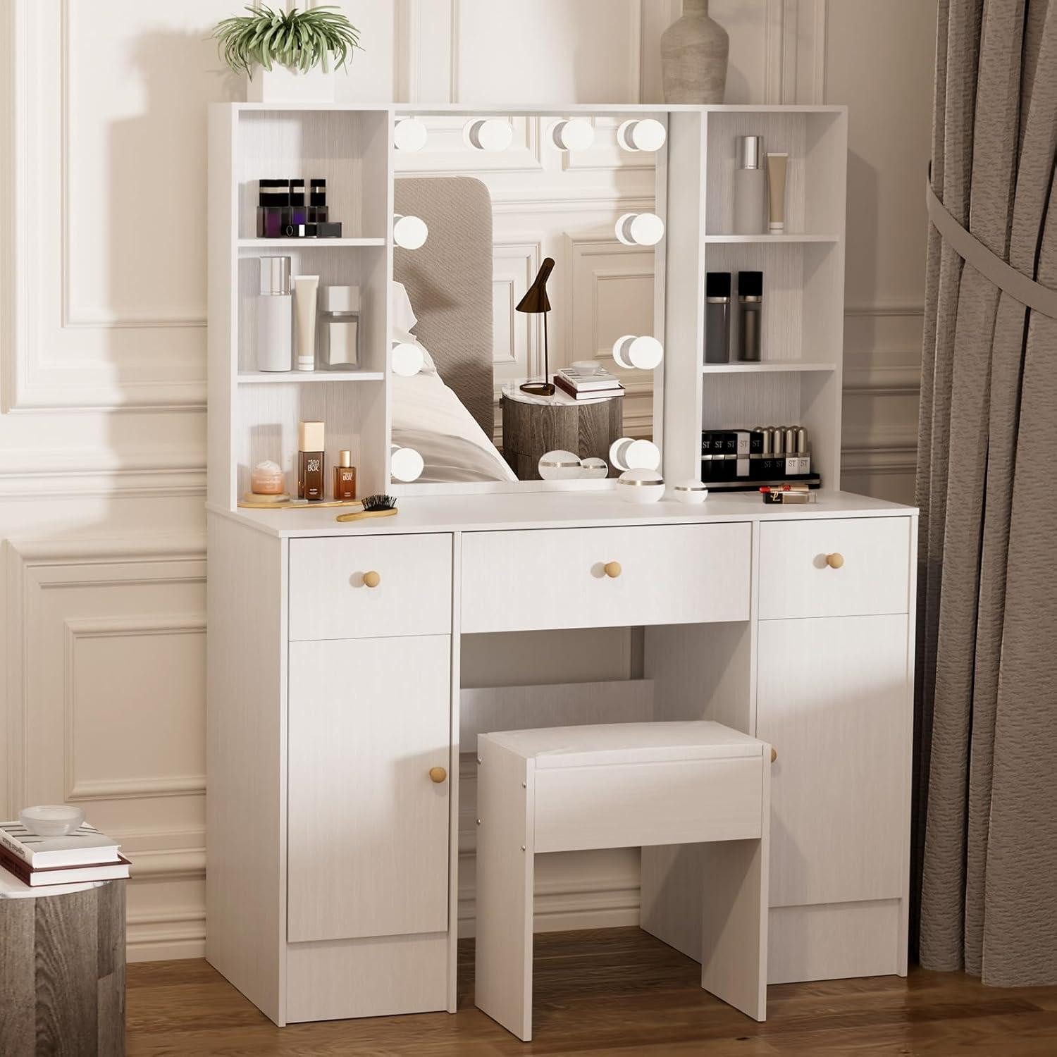 Schminktisch Schminktisch mit Beleuchtung, Spiegel und Hocker, 100x40x140cm