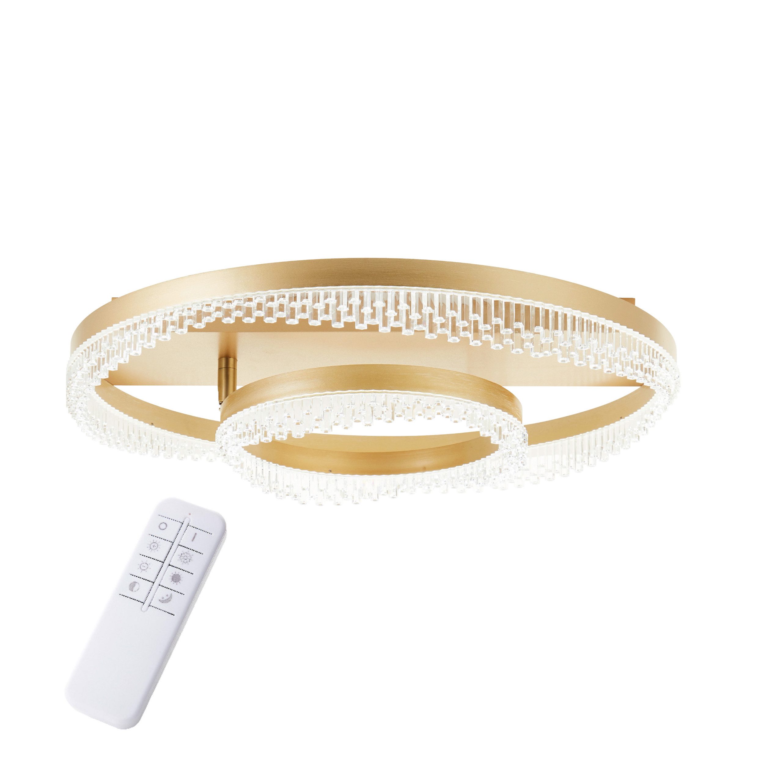 Lightbox Deckenleuchte, CCT - über Fernbedienung, LED fest integriert, warmweiß - kaltweiß, LED-Deckenleuchte, doppelter Rahmen, Kristallelemente, Goldfarben