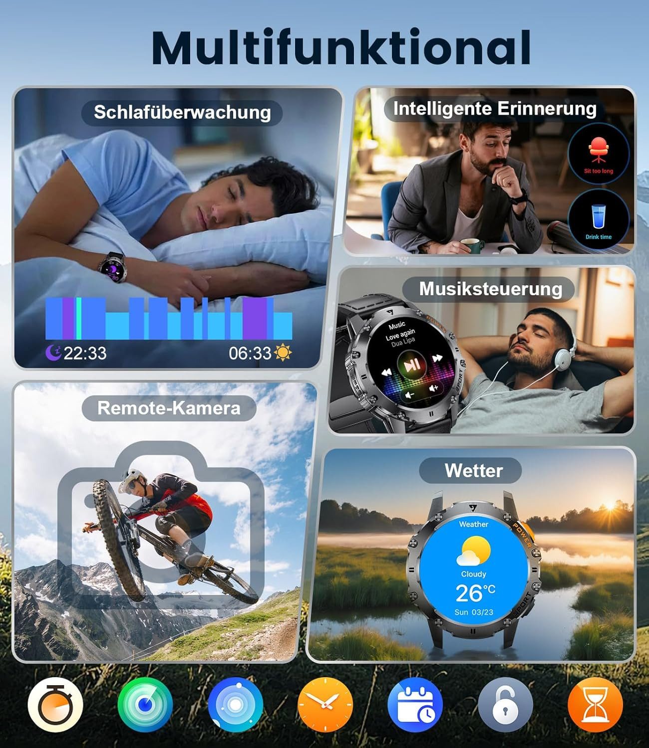 FoxBox EF8-I Smartwatch (3,8 cm, android ios), Herren Outdoor Smartwatch mit AMOLED Display, 500 mAh