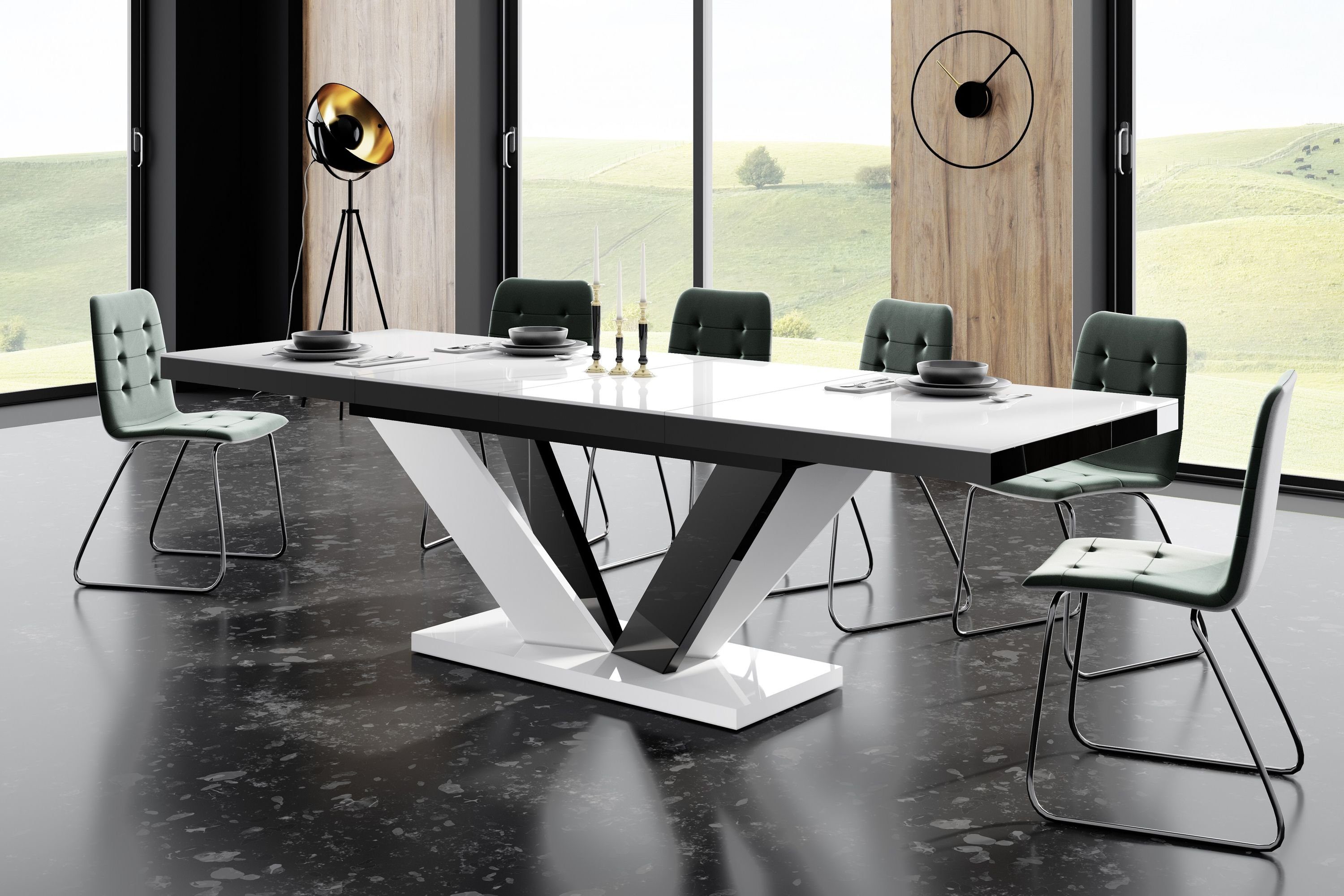 designimpex Esstisch Design Tisch HEU-111 Weiß / Schwarz Hochglanz ausziehbar 160 bis 256cm Weiß Hochglanz / Schwarz Hochglanz