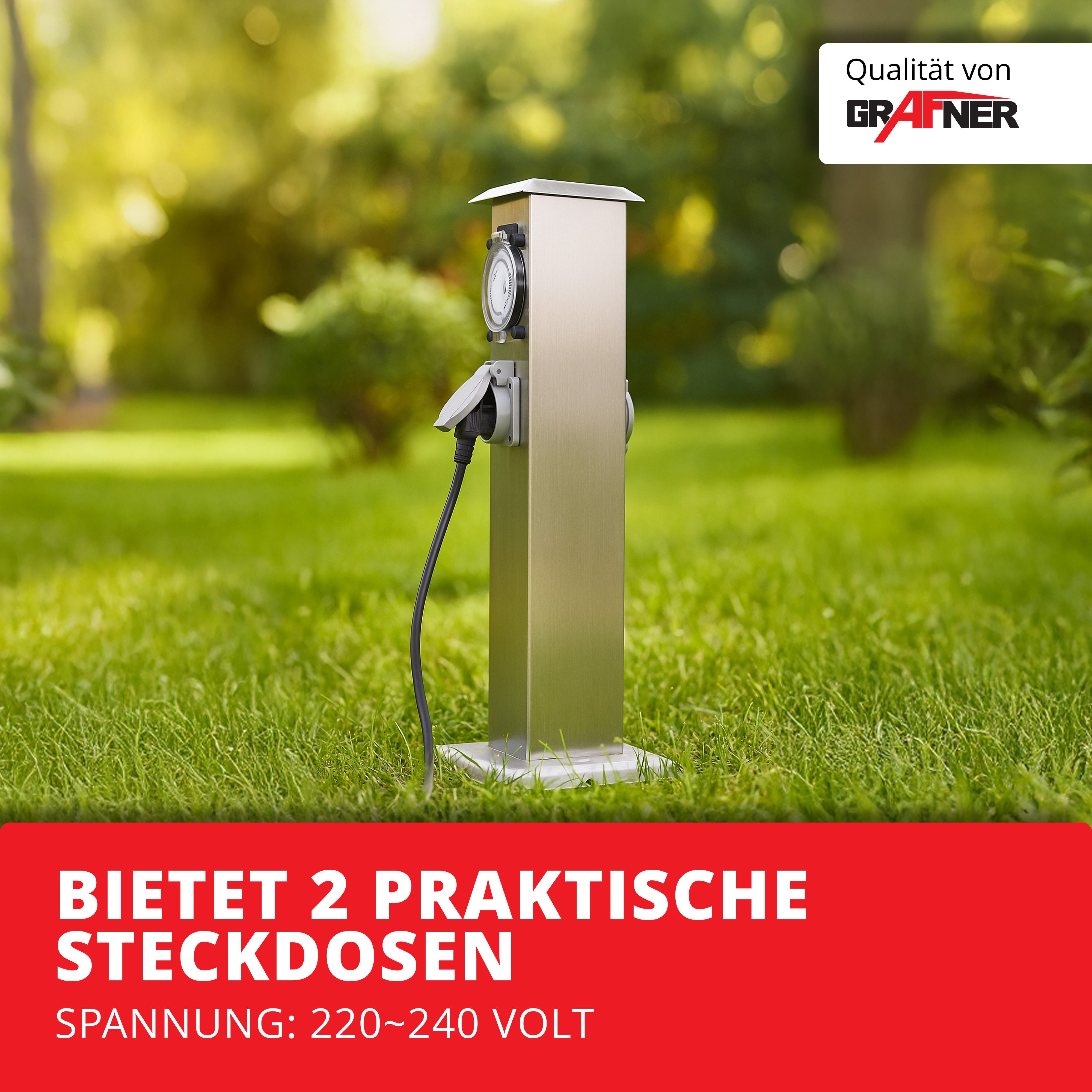 Grafner Gartensteckdose Steckdosensäule Timer 2 Steckdosen Edelstahl Gartensteckdose, Stck, 1-St., 1, Witterungs-, Alkali- und Säurebeständig, 24 Stunden Timer