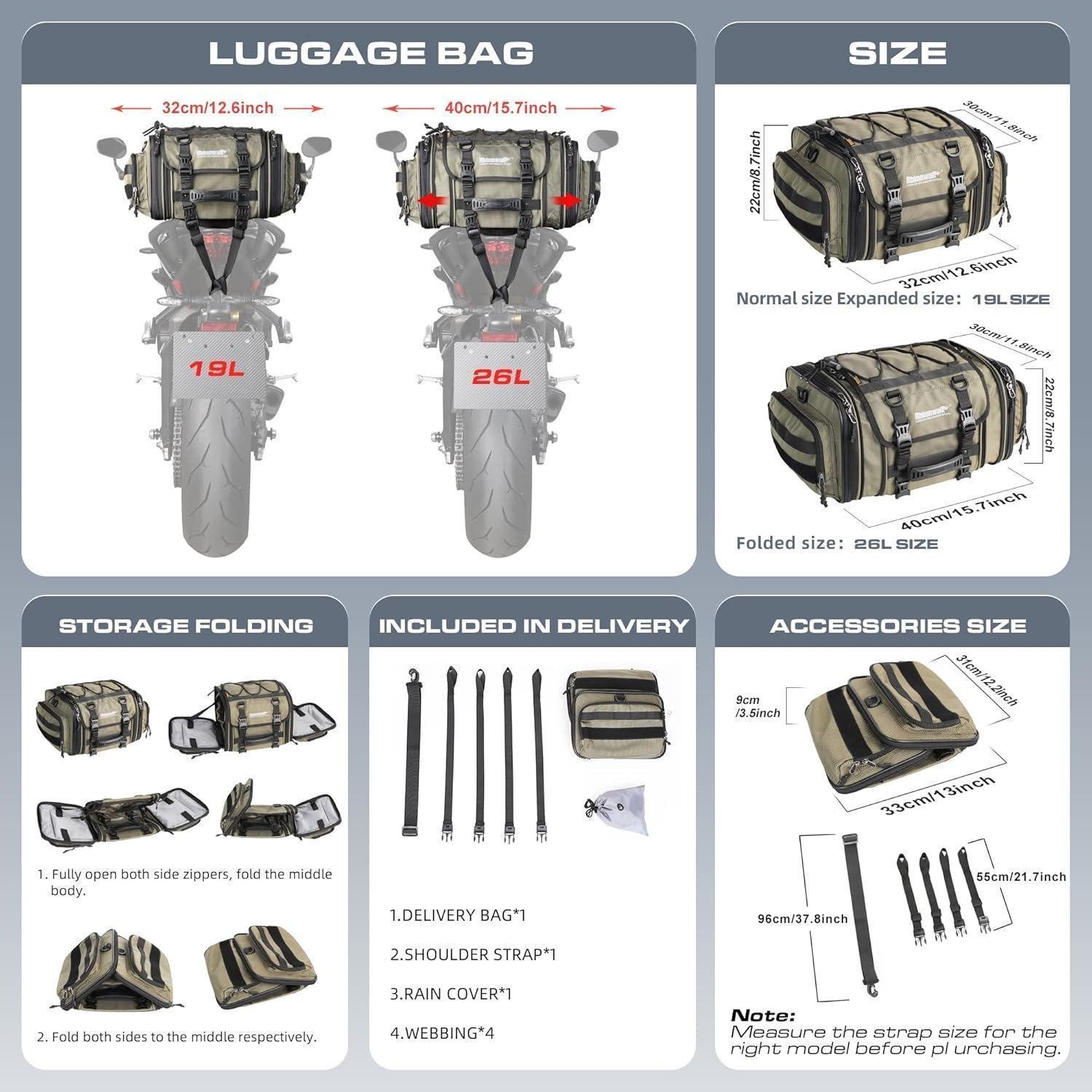 LuxusKollektion Roller-Gepäckträger Motorrad Sitztasche 19-26L Wasserdicht Rücksitztasche Gepäcktasche