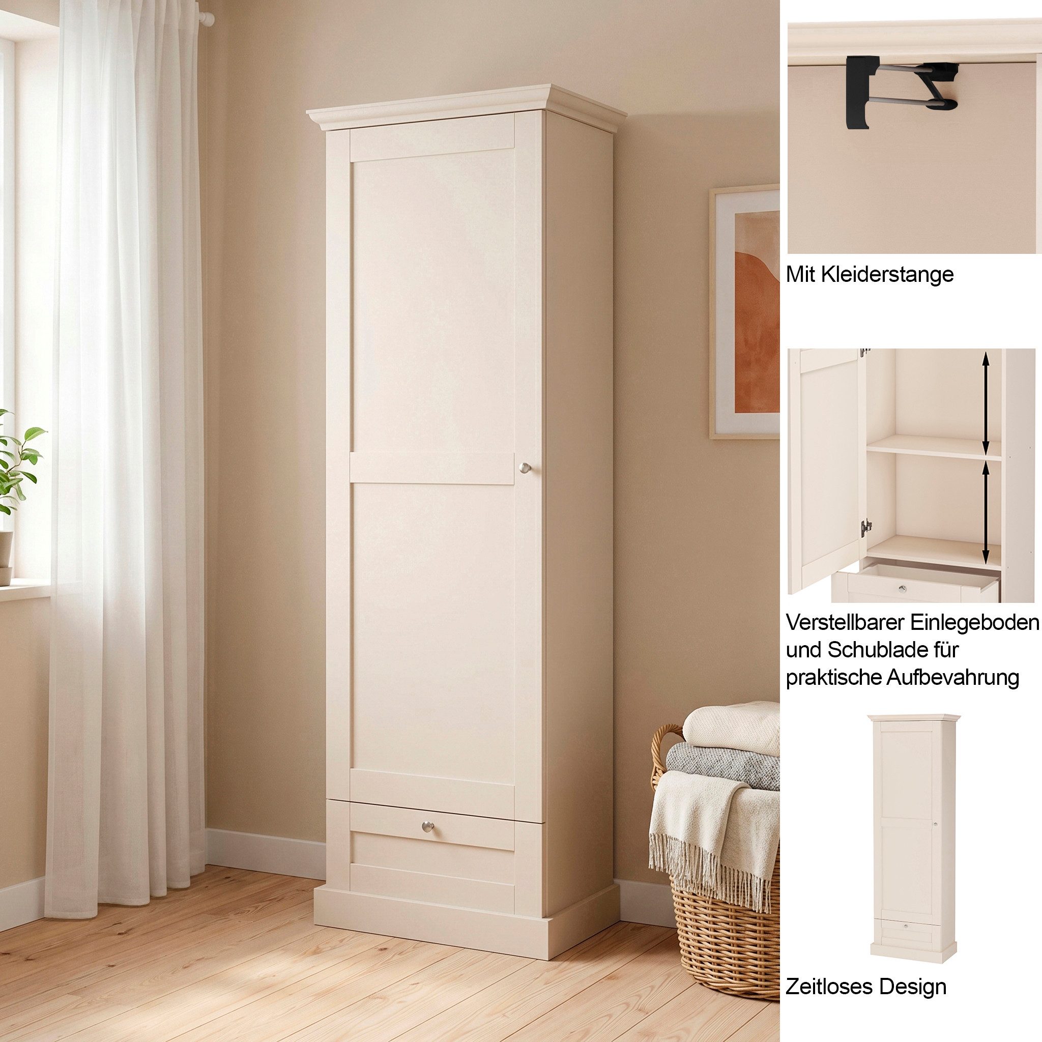 OTTO home Garderobenschrank Binz Flurschrank mit 1 Tür, 1 Schublade und ausziehbare Kleiderstange 1 verstellbarer Einlegebode, Metallknopfgriffe, Höhe 180 cm – Bild 3 von 5