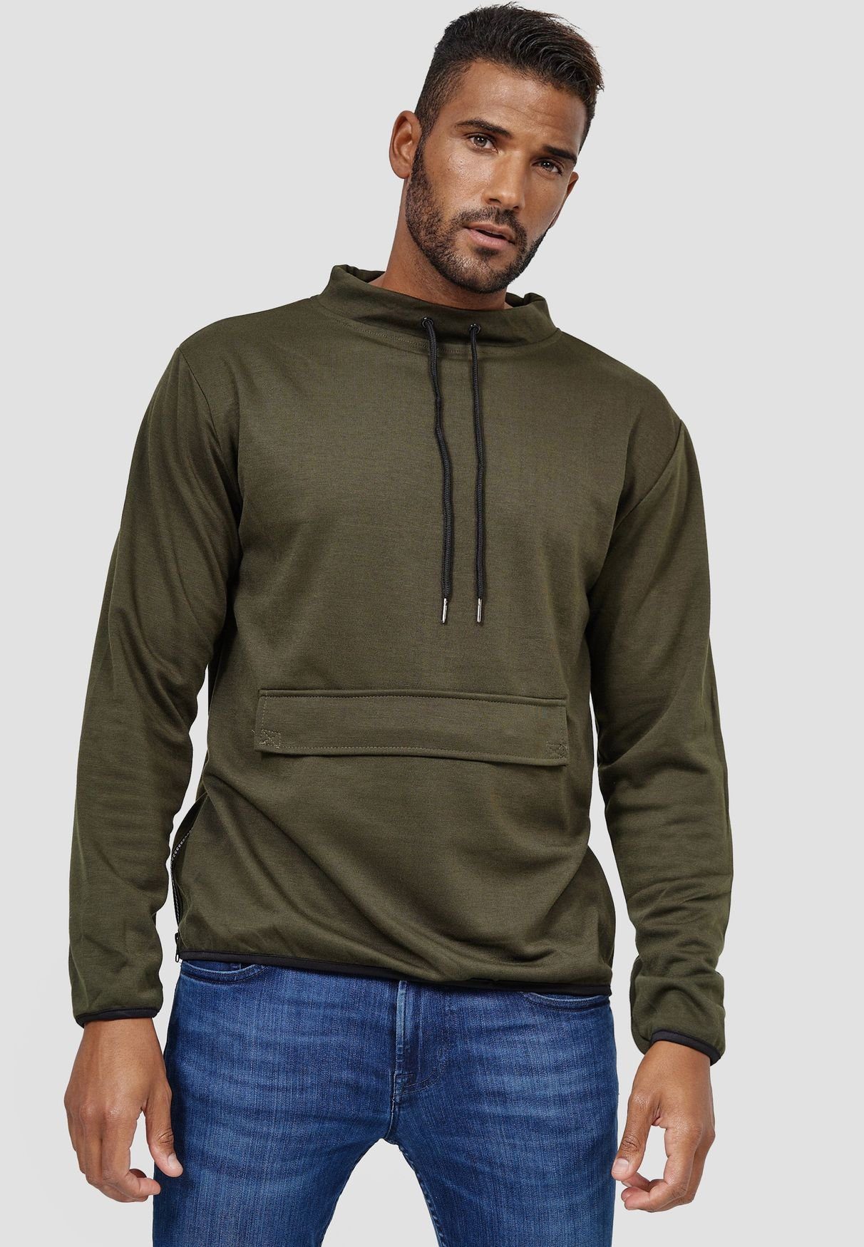 Egomaxx Sweatshirt »Herren Longsleeve Sweater Sport Sweatshirt Pullover Zip  Bauchtasche« (1-tlg) 3842 in Khaki online kaufen | OTTO