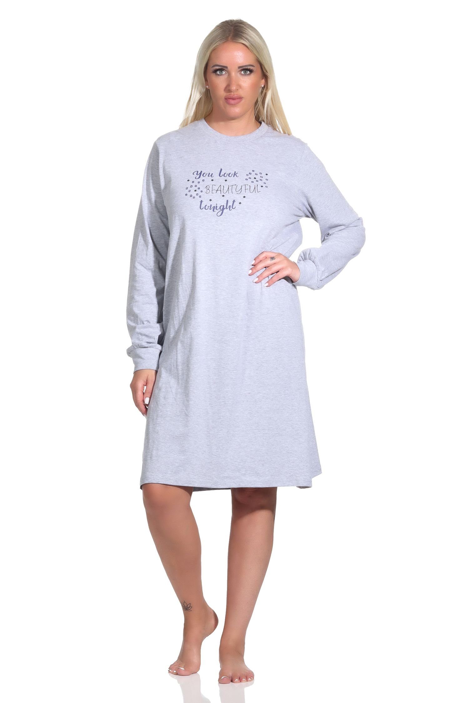 Normann Nachthemd Damen Nachthemd langarm mit Bündchen und süssem Frontprint grau-melange