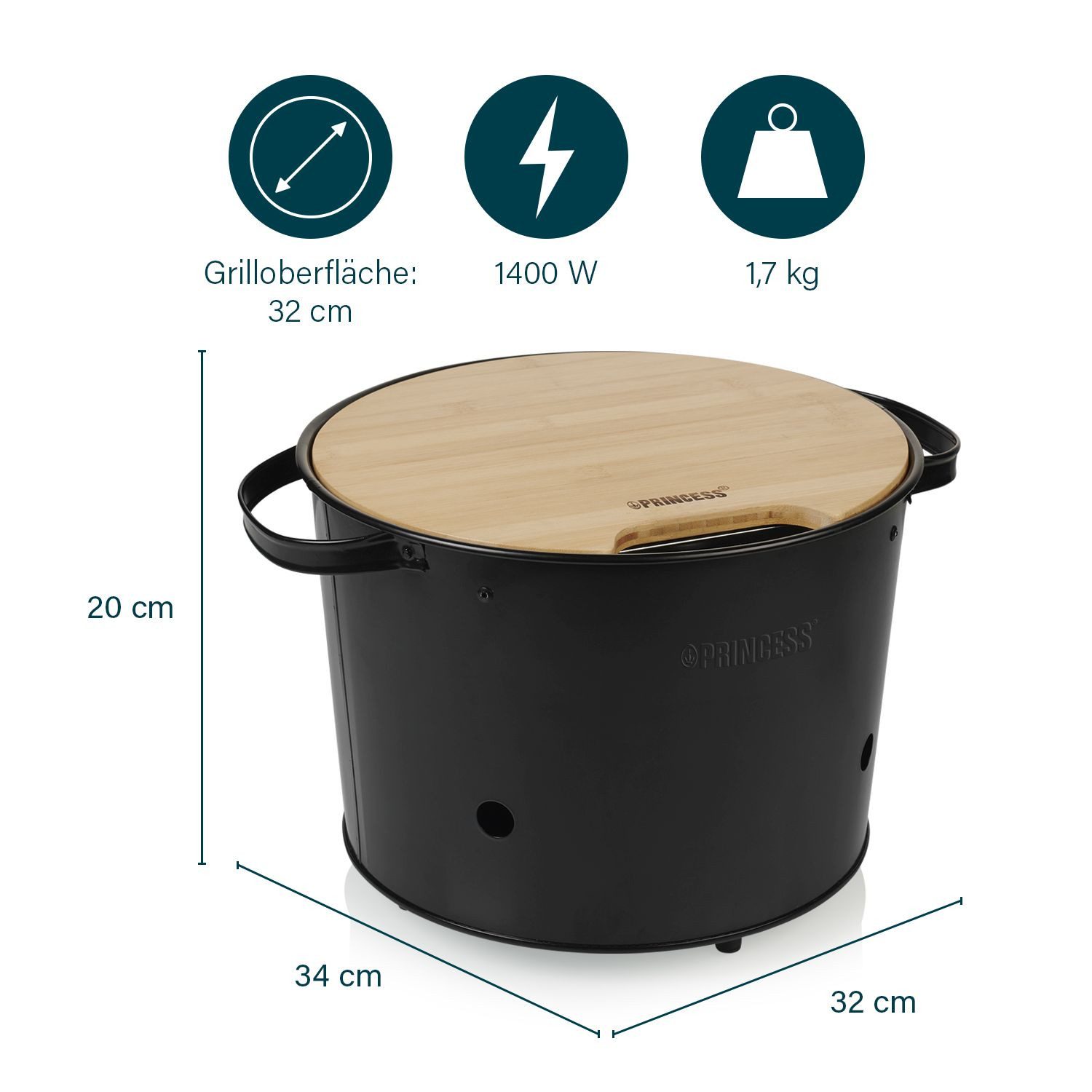 PRINCESS Elektrogrill Princess 112240 Hybrid Bucket Barbecue – Für Elektro- oder Holzkohlegr, 1400 W, Elektro- oder Holzkohlegrill - 1400W