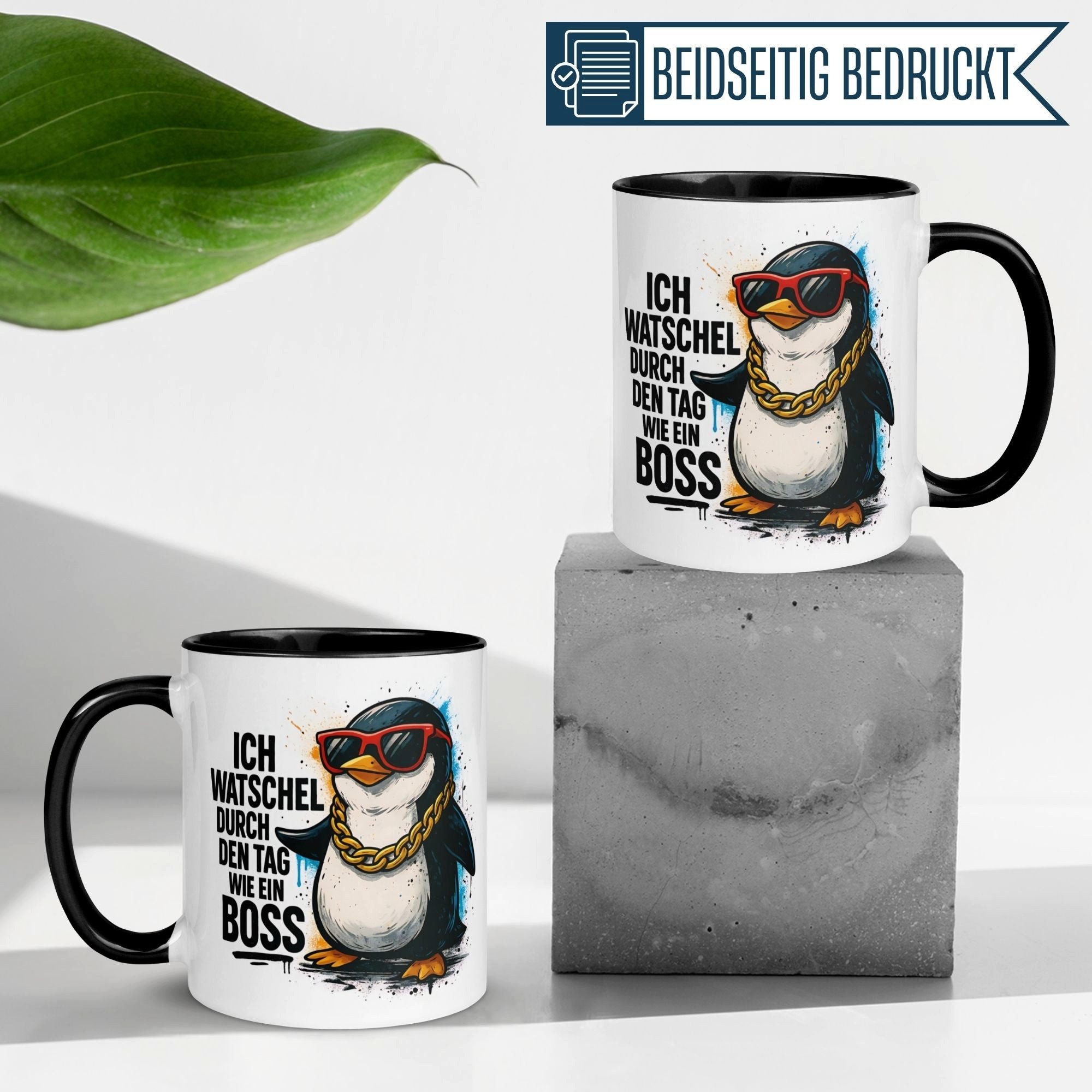 Momentals Tasse Pinguin – Ich watschel durch den Tag wie ein Boss – lustiges Geschenk, Gratis Versand · Links-&Rechtshänder · Spülmaschinenfest