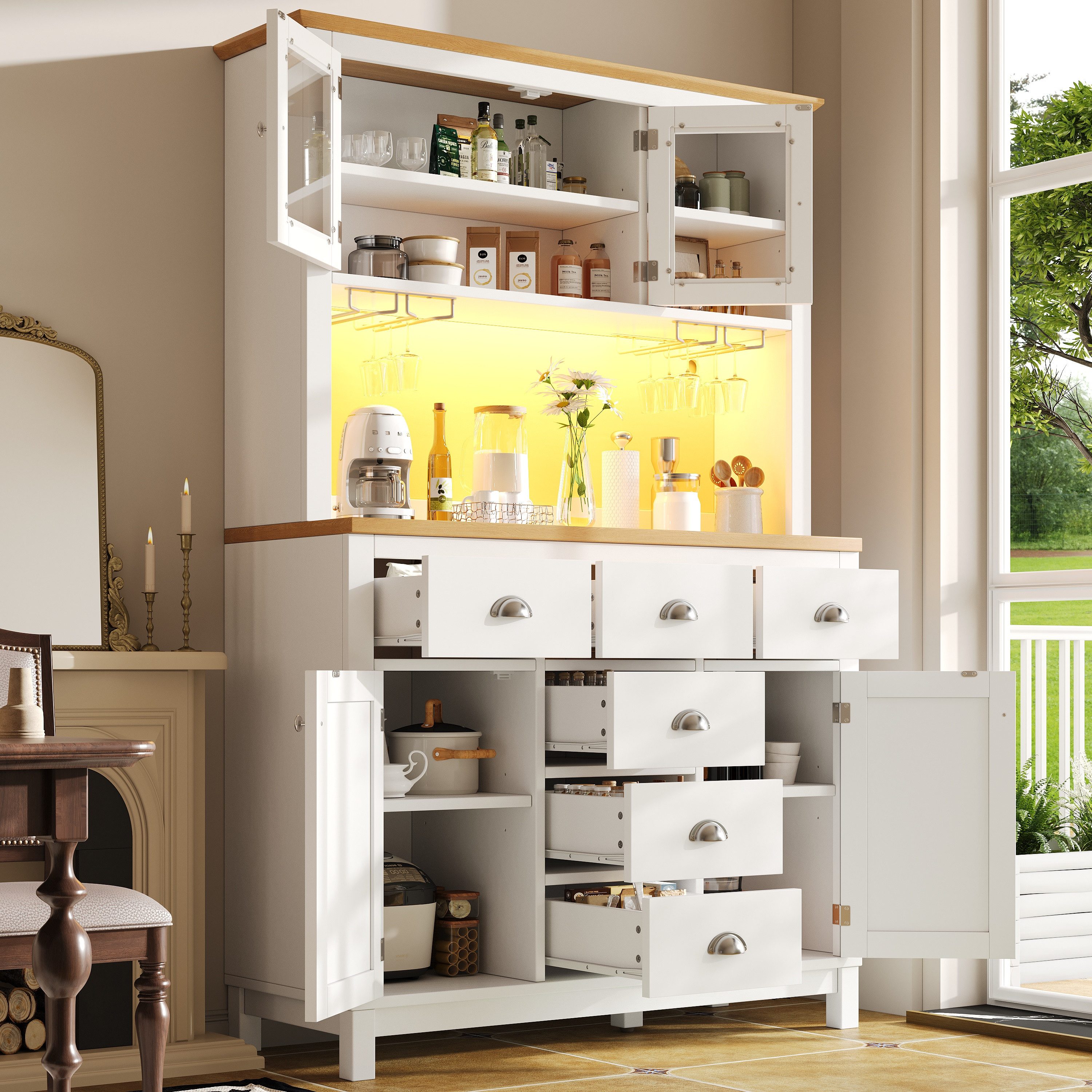 Odikalo Küchenbuffet Küchenschrank Buffetschrank mit LED-Lichtleiste & Getränkehaltern (Seitenboard / Aufbewahrungsschrank / Küchenschrank / Buffetschrank, 104x – Bild 2 von 5