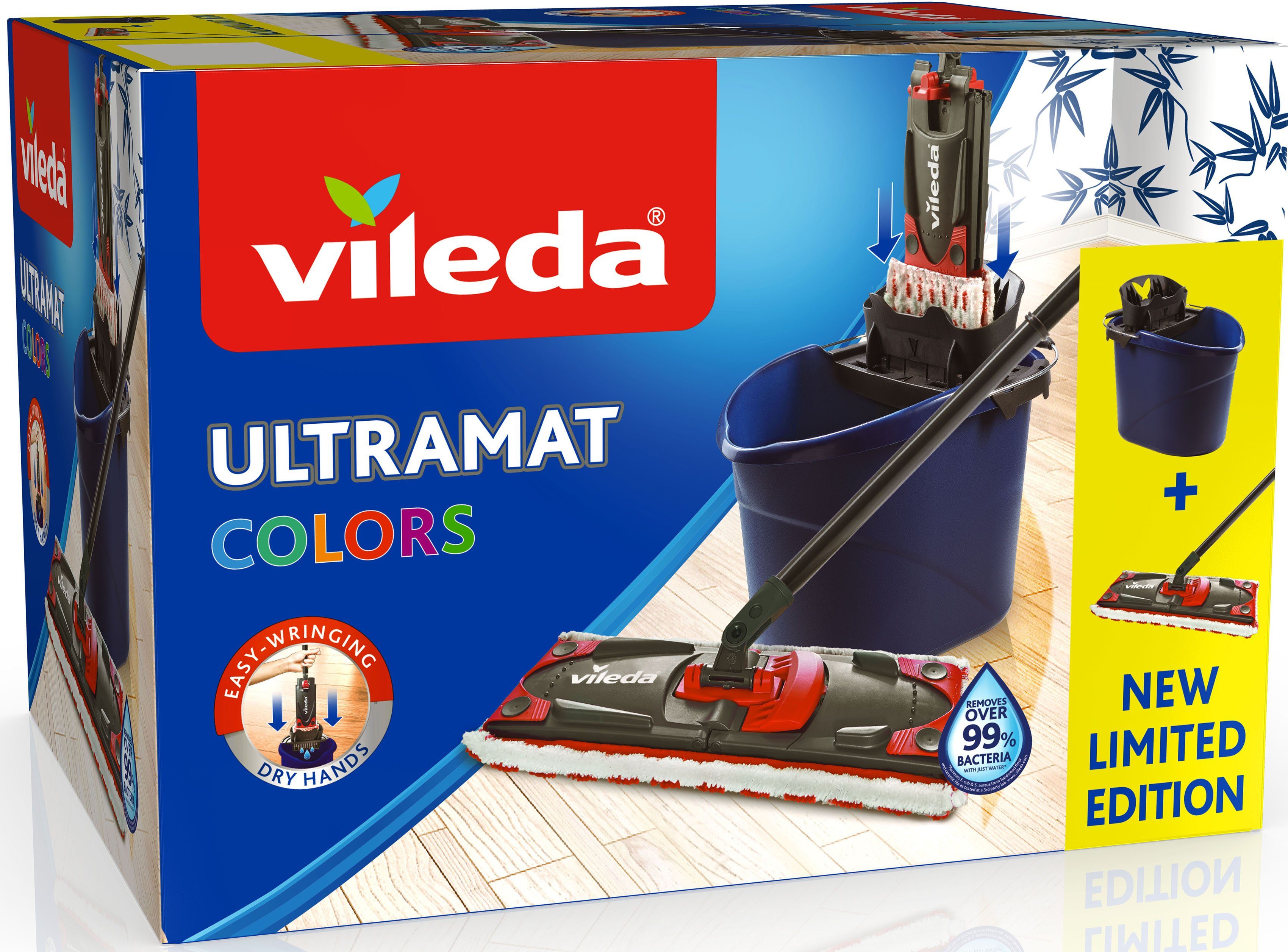 Ultramax 2in1 Stiel, Ultramax System Colors Vileda Eimer dunkelblau/blau/rot/gelb 3-teiligem (Set, mit Mikrofaser-Bezug, 3-St), Bodenwischer-Set