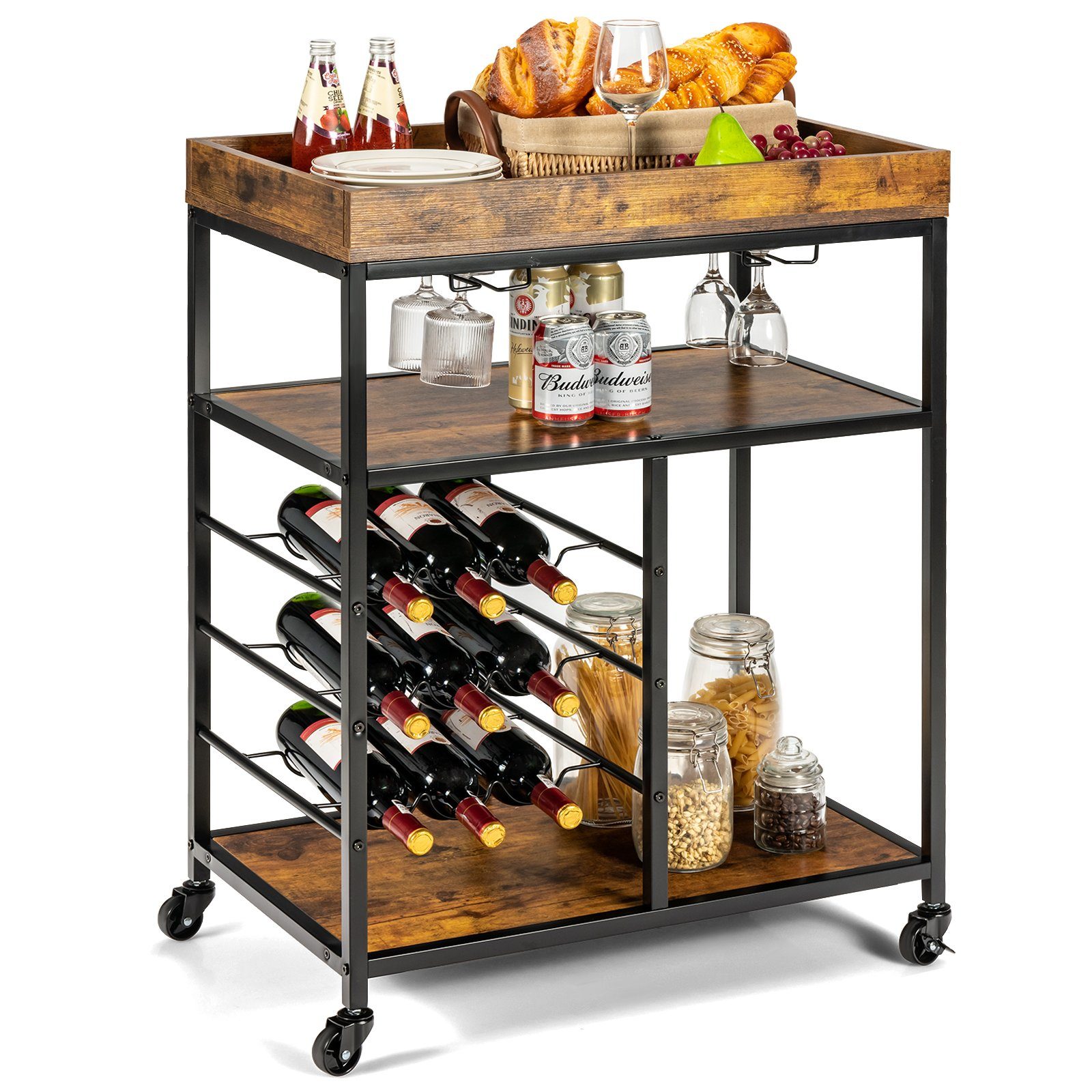 COSTWAY Servierwagen, mit Rollen, Weinregal&Glashalter, 3 Ebenen 71x44x93,5cm