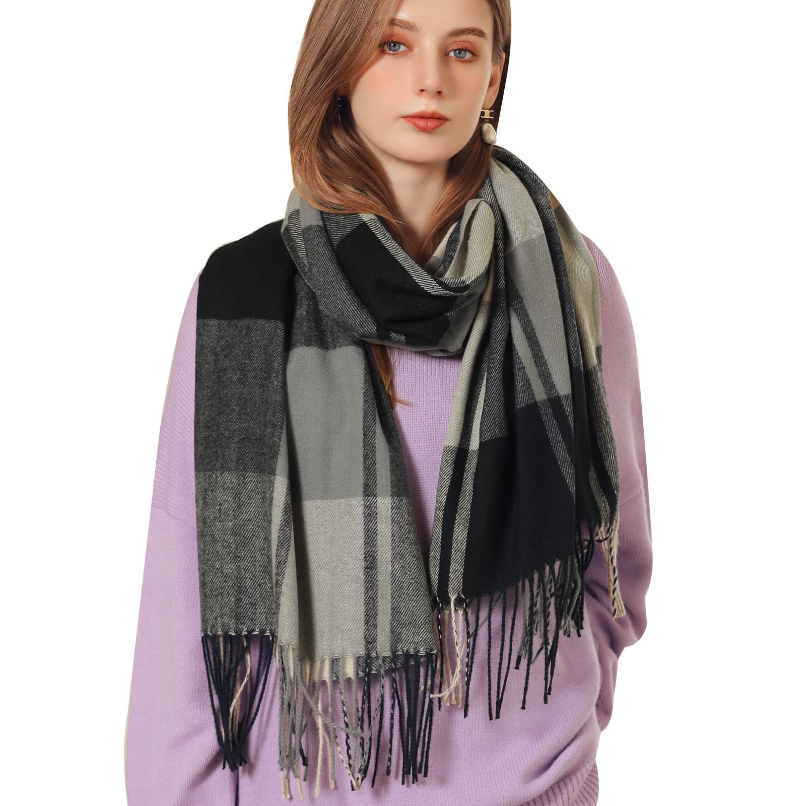 Cachito Modeschal Damen Kariert Oversized Schal mit Fransen, Winterschal Weich Wraps, Karo Fransen Schals Warm für Herbst Winter, Mischfarbe