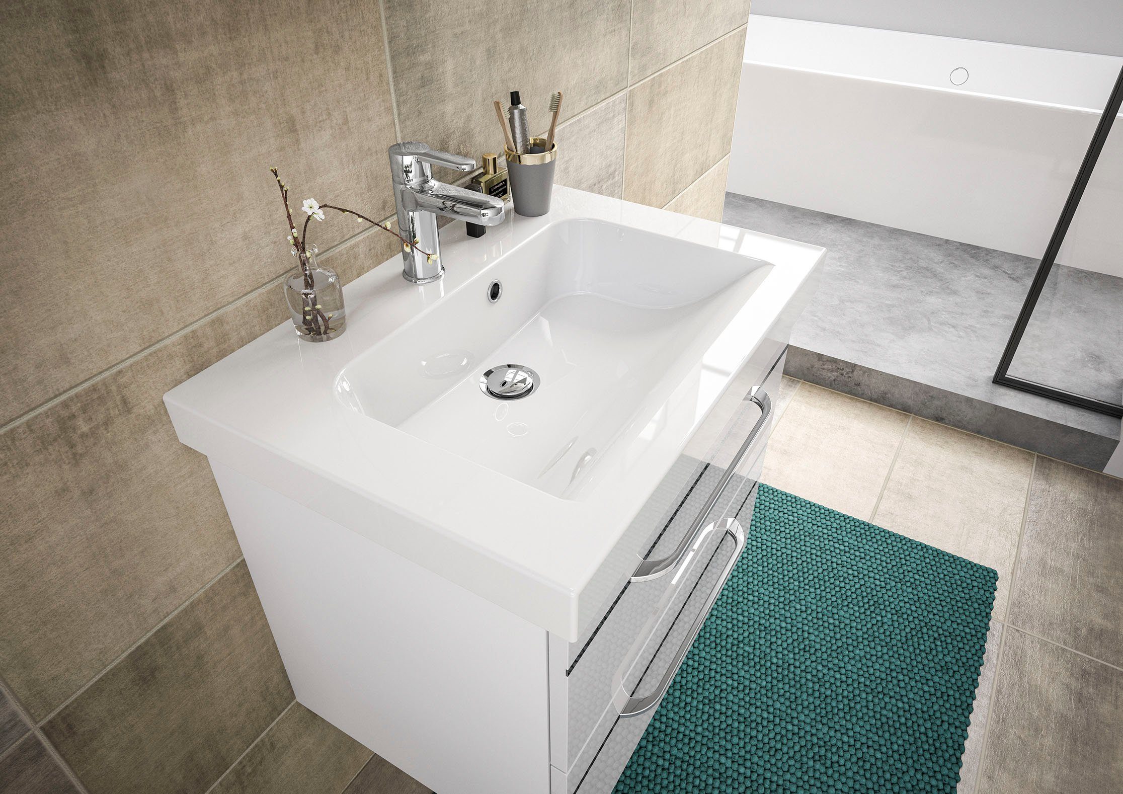 Saphir Waschtisch Serie Balto Mineralmarmor-Waschtisch mit Unterschrank, 64,4 cm breit (2-St), Waschplatz mit 2 Schubladen, Badschrank in verschiedenen Ausführungen