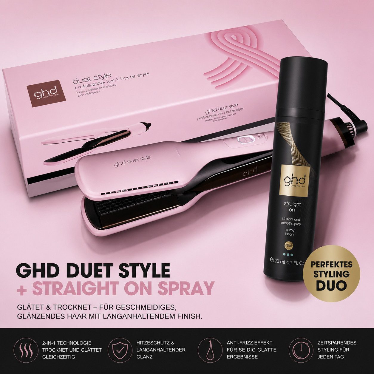 GHD Heißluft-Haarglätter Duet Style Pink Sorbet Set – Limited Edition inkl. Straight On Spray