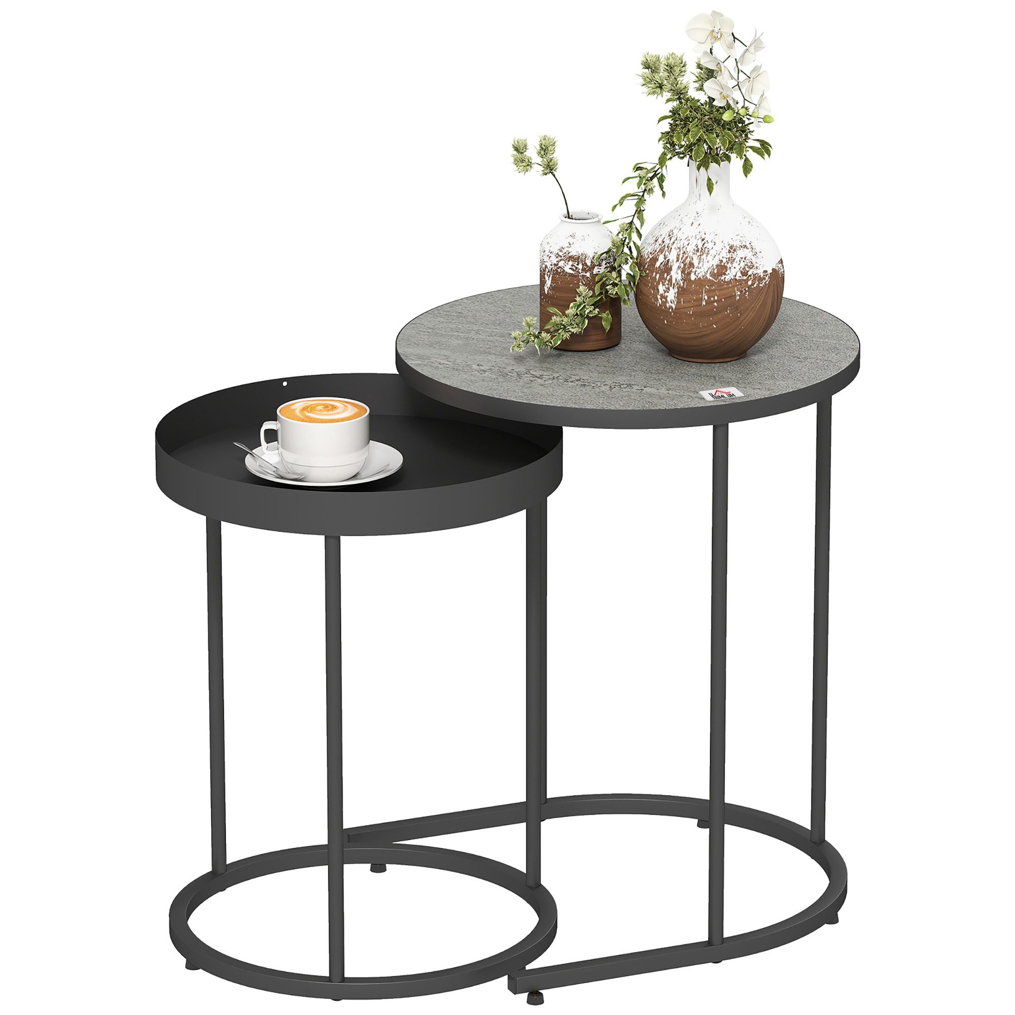 HOMCOM Beistelltisch Couchtisch 2er Set mit Tablett-Design, Holzoptik mit Metallgestell (2er Set Wohnzimmertisch, 2-St., Runder Couchtisch), für Wohnzimmer Grau