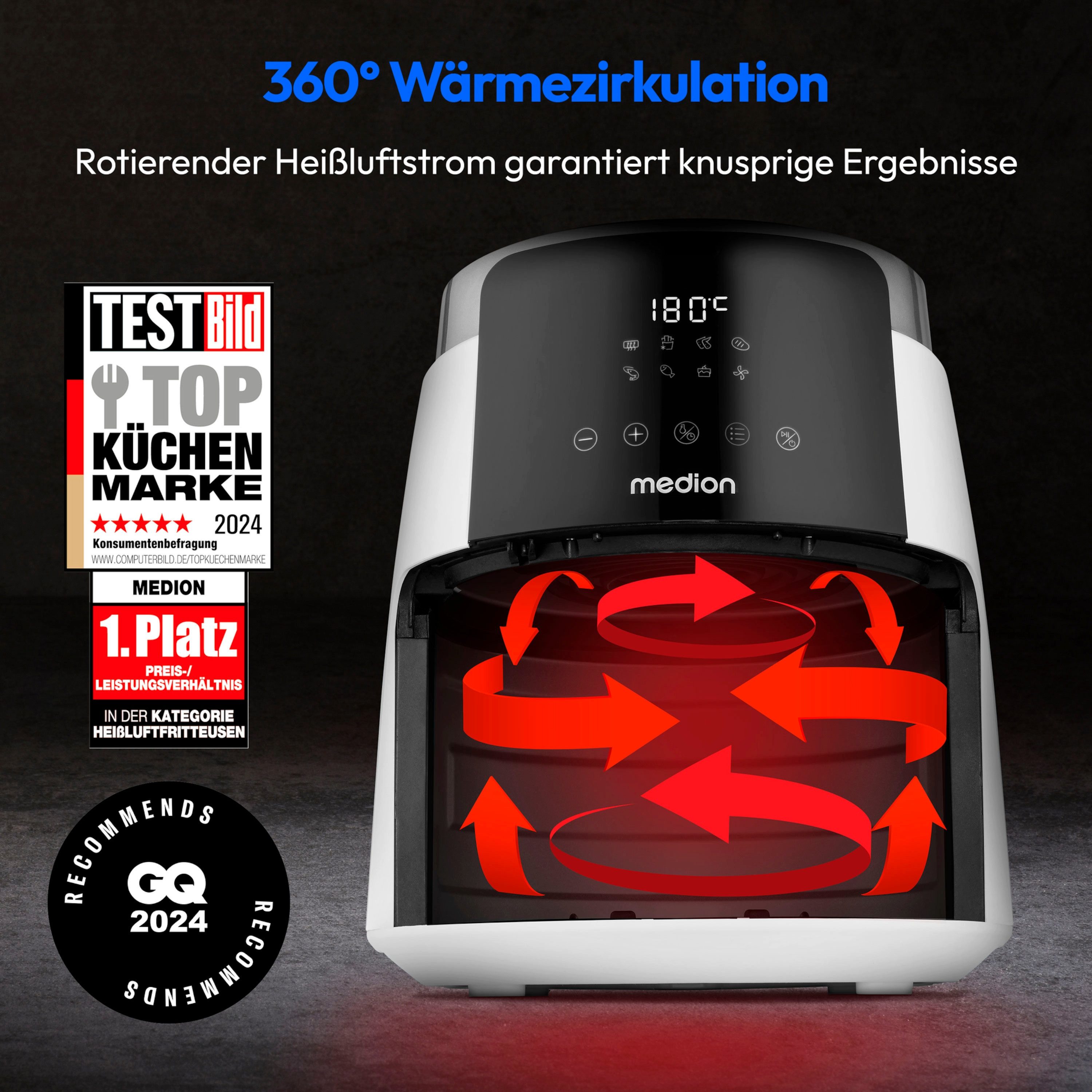Medion® Heißluftfritteuse MD13030, 1500 W, 4,7 Liter, ölfreies Frittieren, 60 Min Timer, Antihaft-Beschichtung