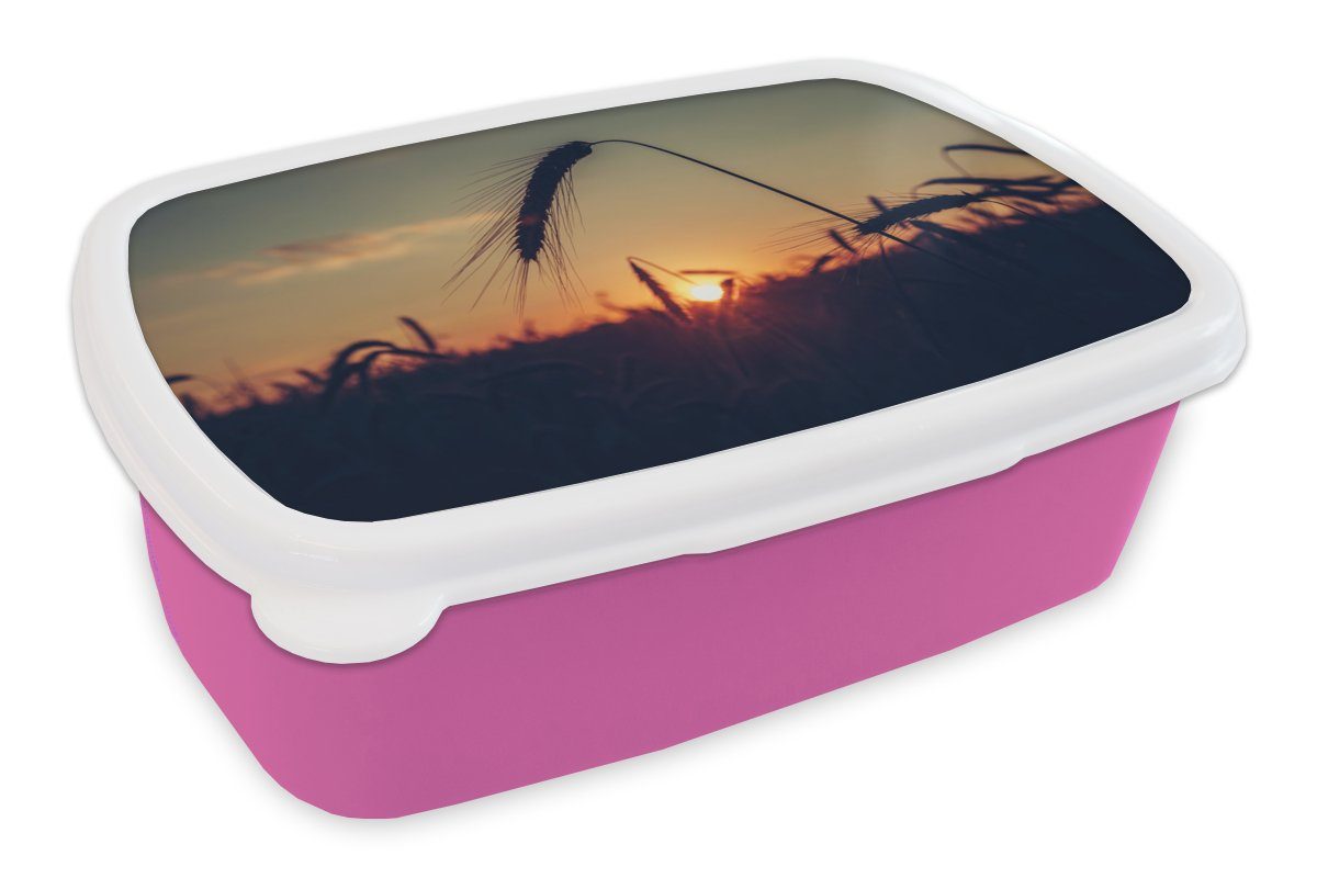 Erwachsene, rosa - Snackbox, Jahreszeiten Kunststoff für Herbst Kinder, MuchoWow - - Gras Mädchen, Lunchbox - Brotdose Sonnenuntergang Brotbox Landschaft, Kunststoff, (2-tlg),