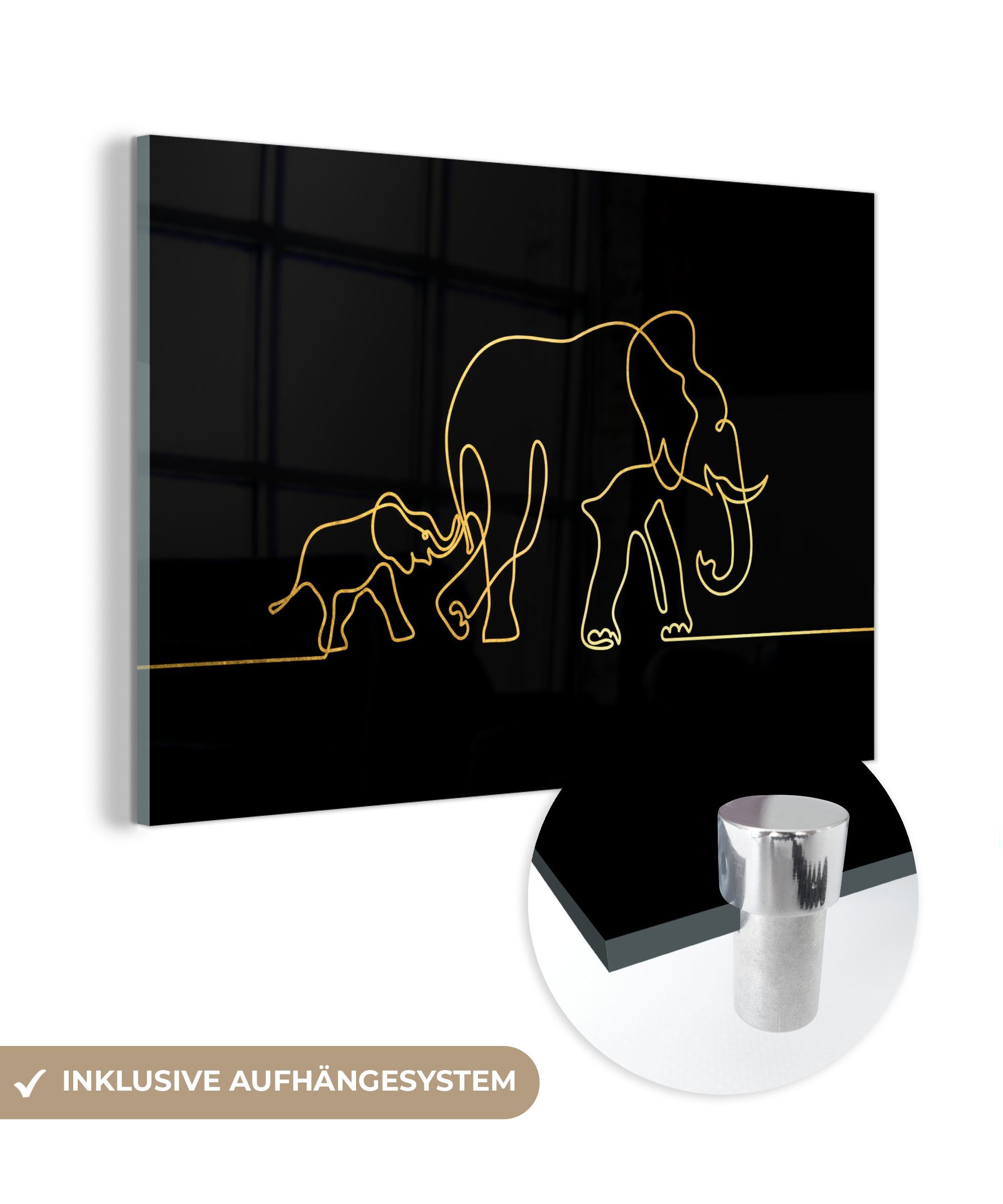 MuchoWow Acrylglasbild Elefant - Gold - Schwarz - Minimalismus, (1 St), Glasbilder - Bilder auf Glas Wandbild - Foto auf Glas - Wanddekoration