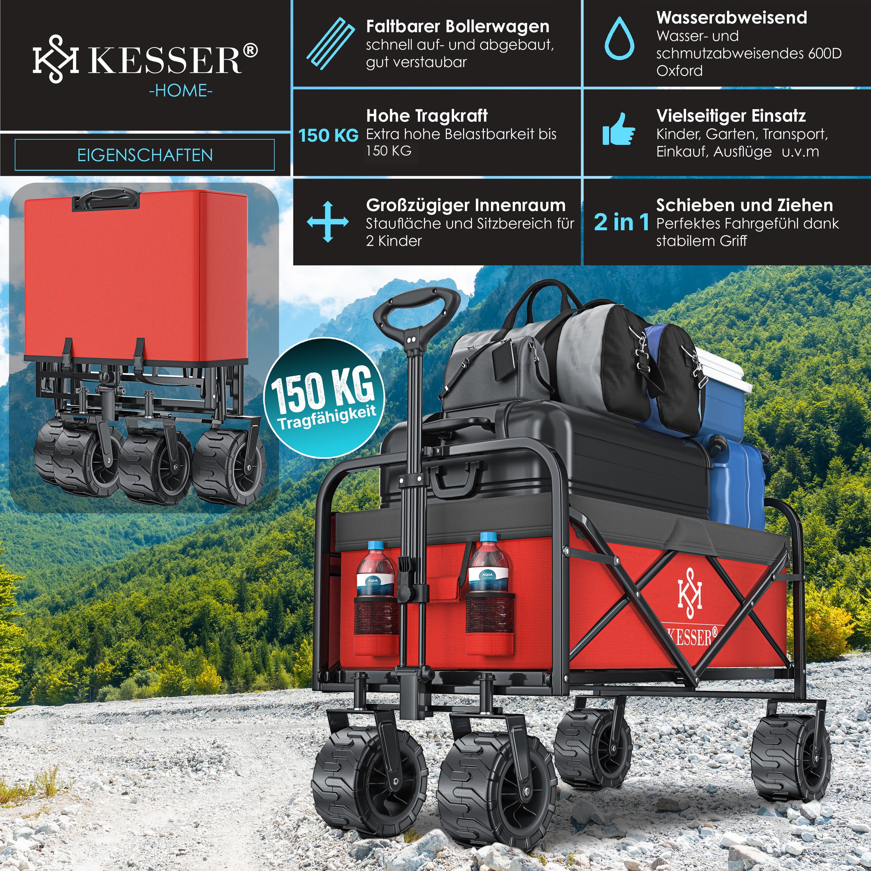 KESSER Bollerwagen, Bollerwagen faltbar Breite Reifen Handwagen Transportkarre