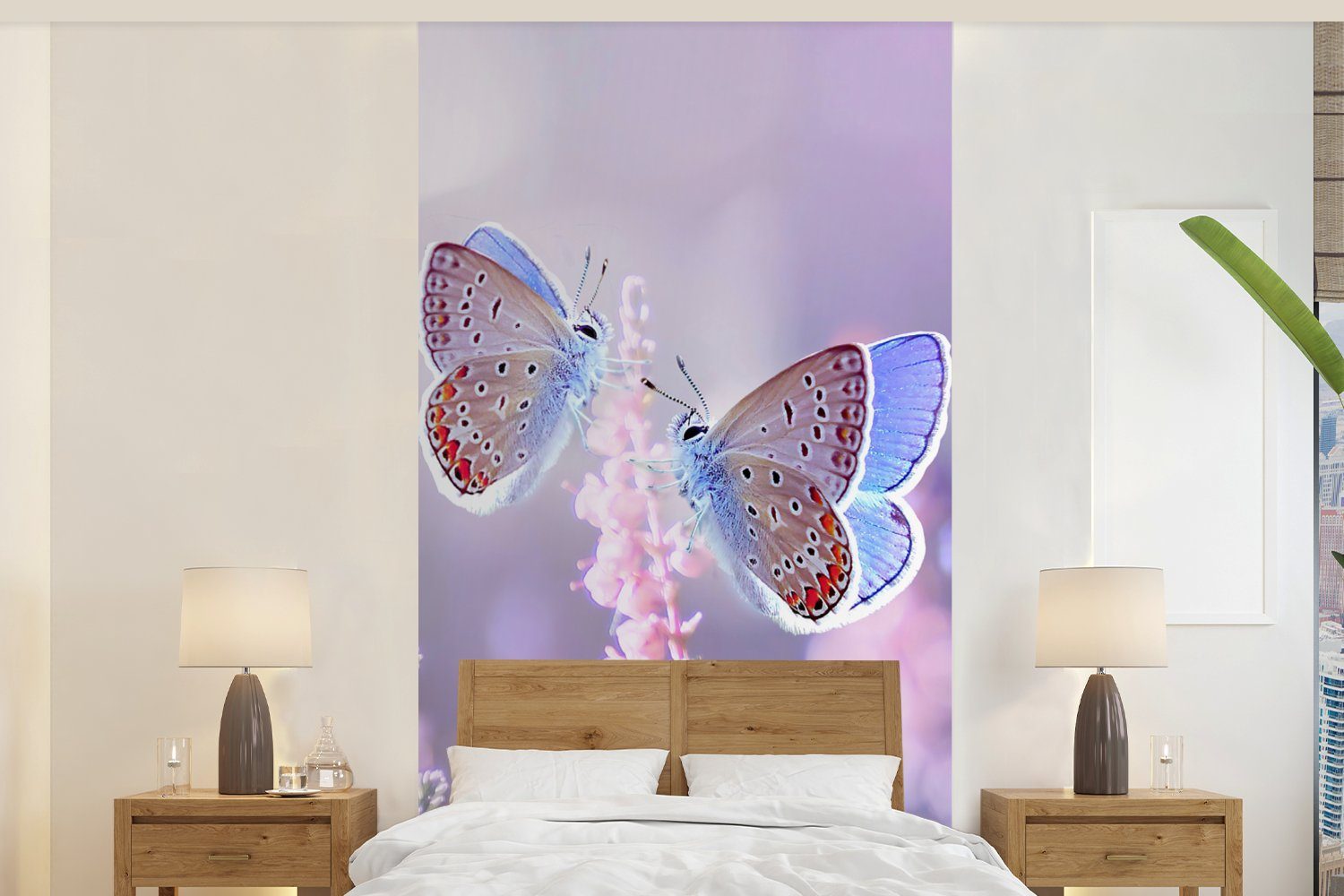 MuchoWow Fototapete Schmetterling Fototapete Vliestapete Lavendel Küche, - Schlafzimmer - bedruckt, (2 Lila, für Wohnzimmer Blumen - St), Matt
