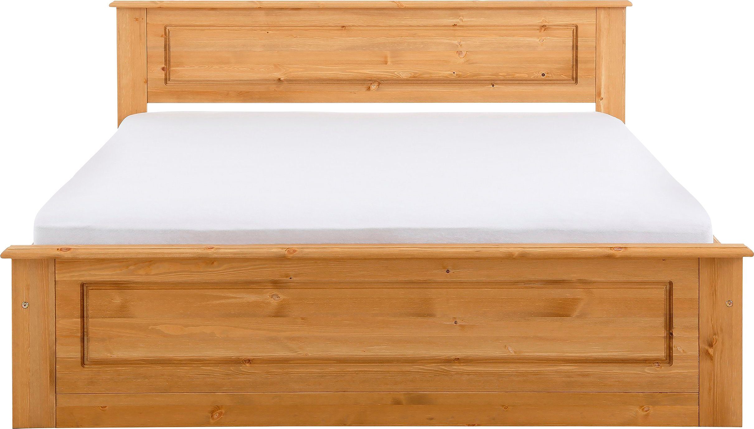 Home affaire Massivholzbett Madrid, Landhausstil, hohe Belastbarkeit! (Breite/Belastbarkeit 180cm/220 KG, 160cm/200 KG, 90cm/=120 KG), aus FSC®-zertifizierter Kiefer, INKLUSIVE Rollrost, Kassettenoptik