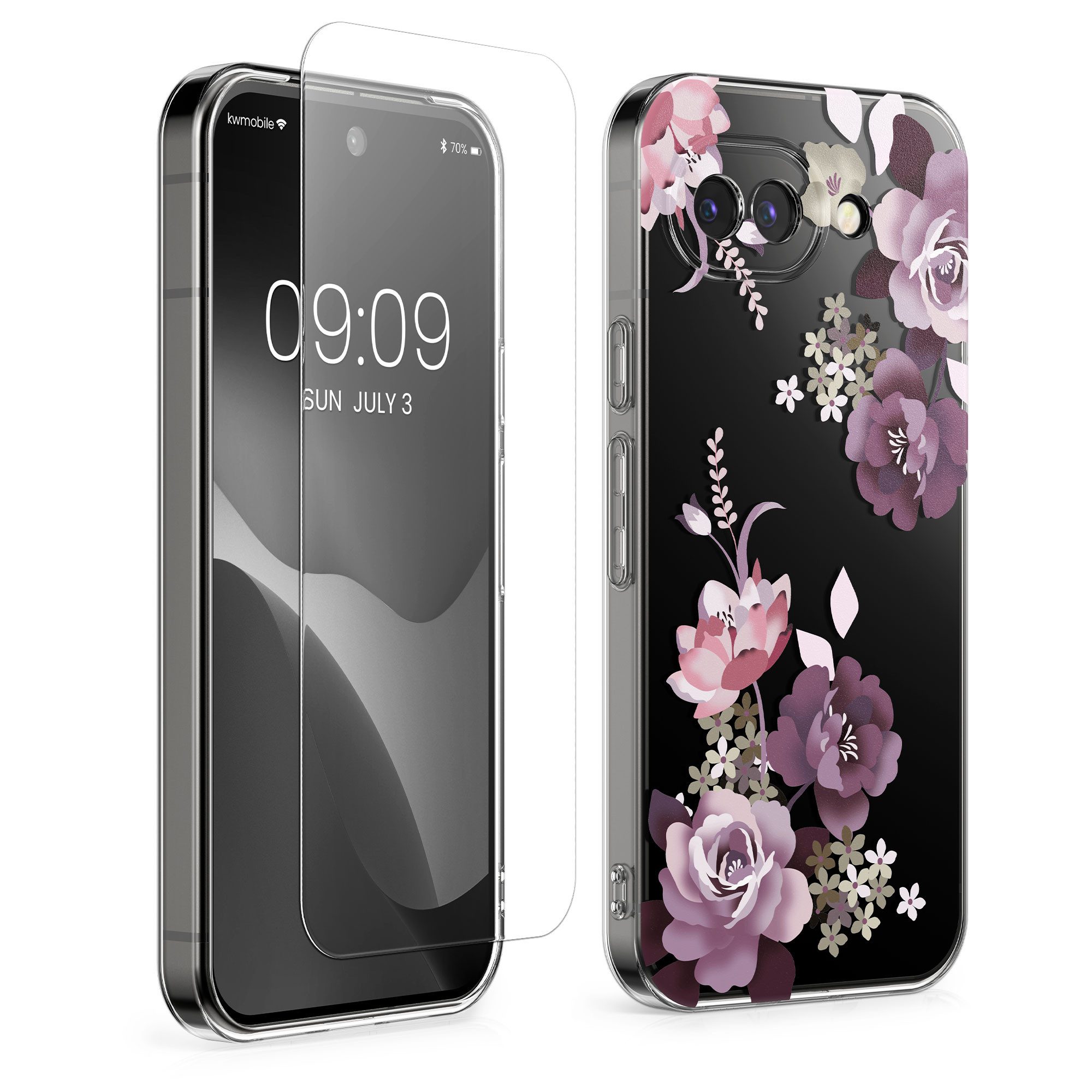 kwmobile Smartphone-Hülle Hülle für Google Pixel 10a Handyhülle - Silikon, Case mit Schutzfolie Blumenblüten und Rosen Design