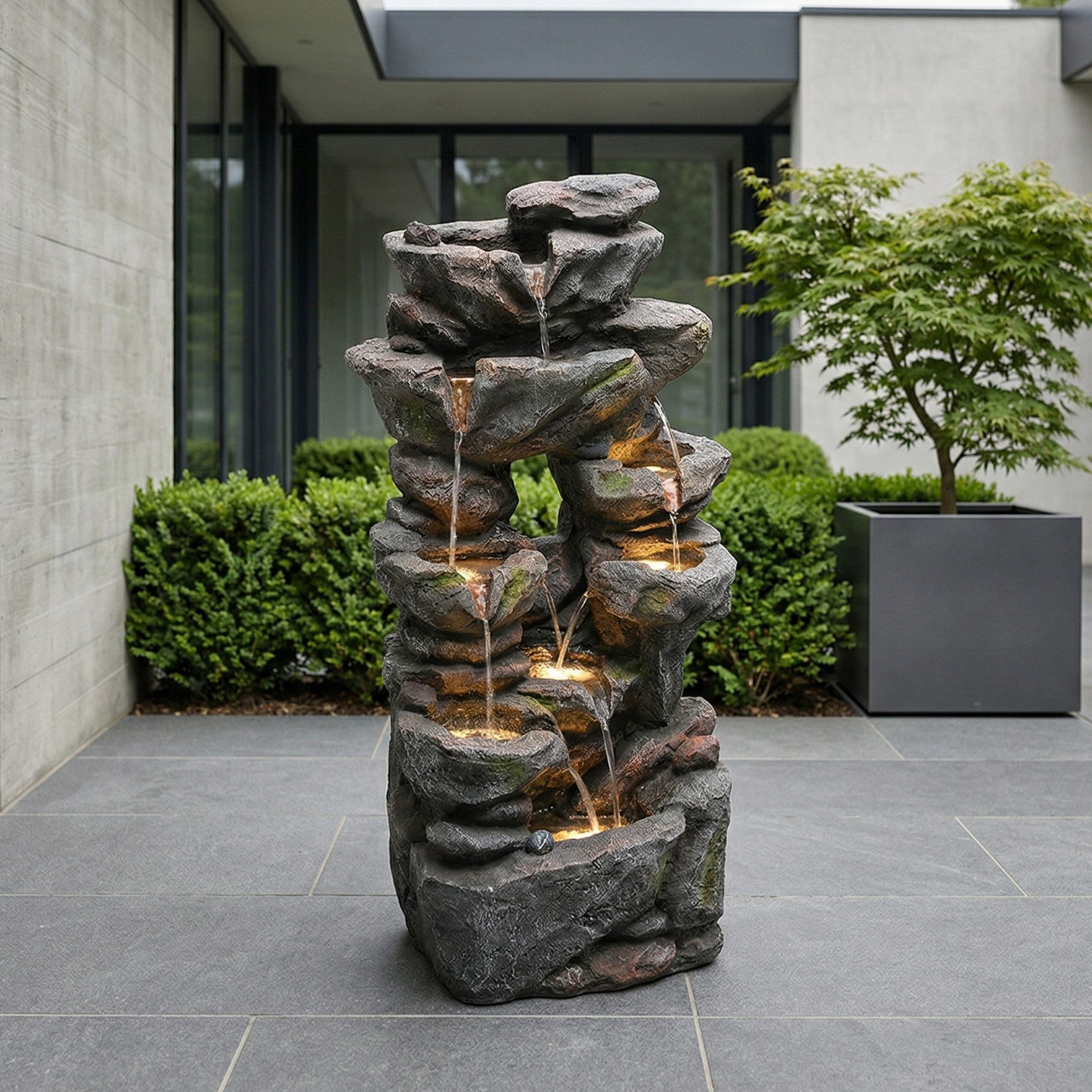 Flieks Gartenbrunnen, Wasserspiel LED-Beleuchtung Wasserpumpe Kunststein-Außenverkleidung