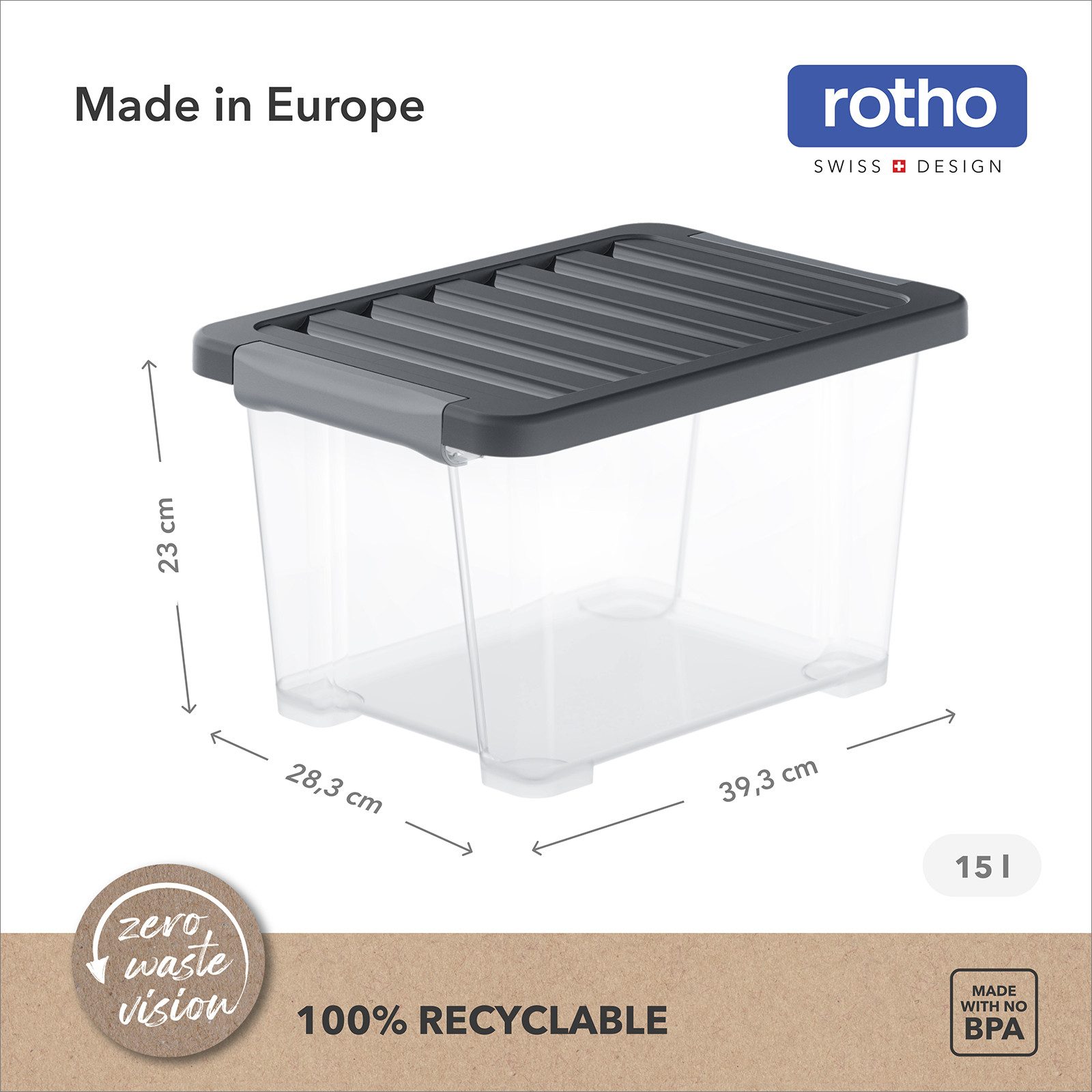 ROTHO Aufbewahrungsbox 4er-Set CORE PRO 15 L stapelbare Box mit gedichteter Deckel (Lagerboxen-Set, 4er-Set), Dichtbox ideal für Vorräte, Spielzeug und Haushaltsartikel