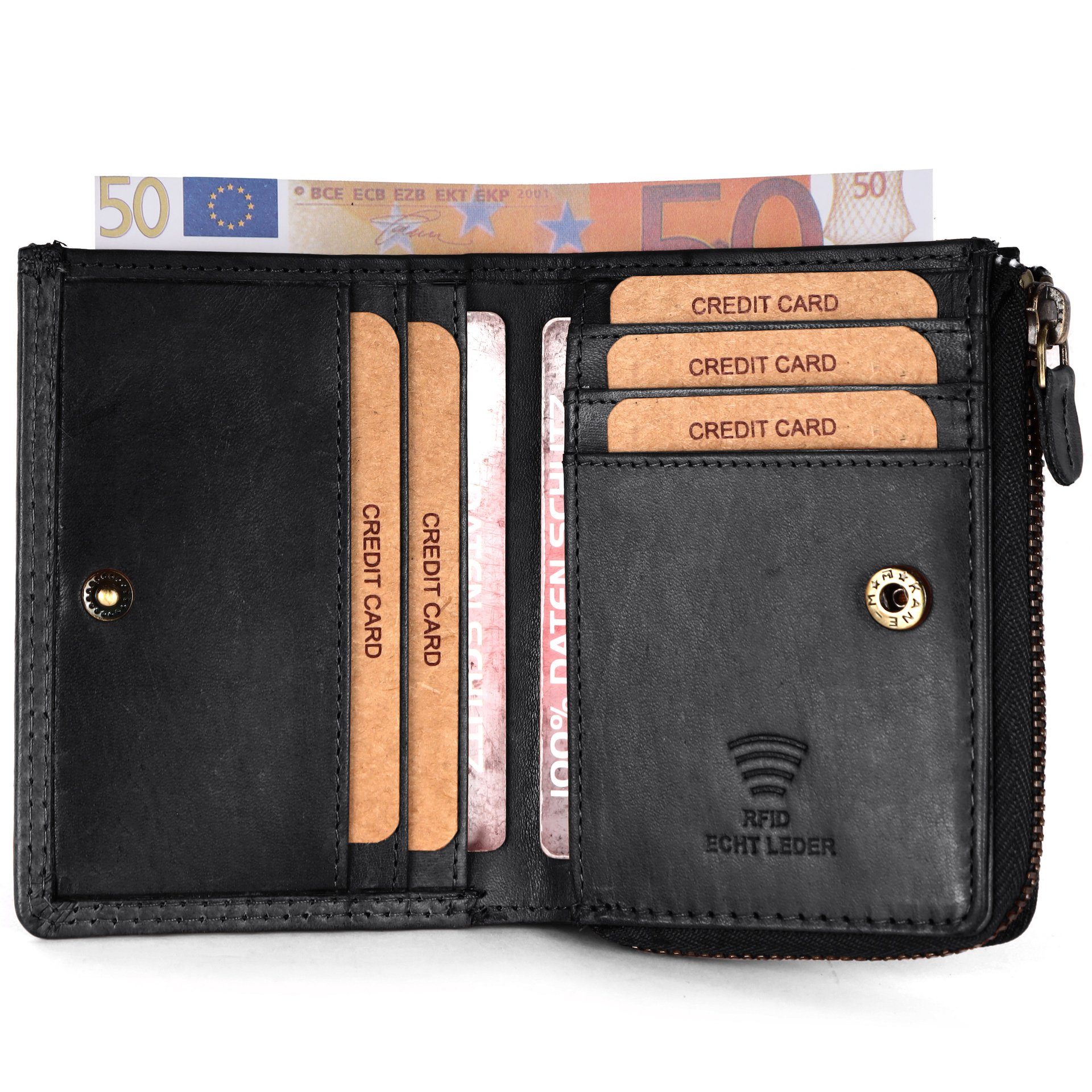 Benthill Geldbörse Klein Echt Leder RFID Damen & Herren Geldbeutel Slim-Wallet Portmonee, RFID-Schutz Kartenfächer Münzfach Reißverschlussfach – Bild 3 von 5