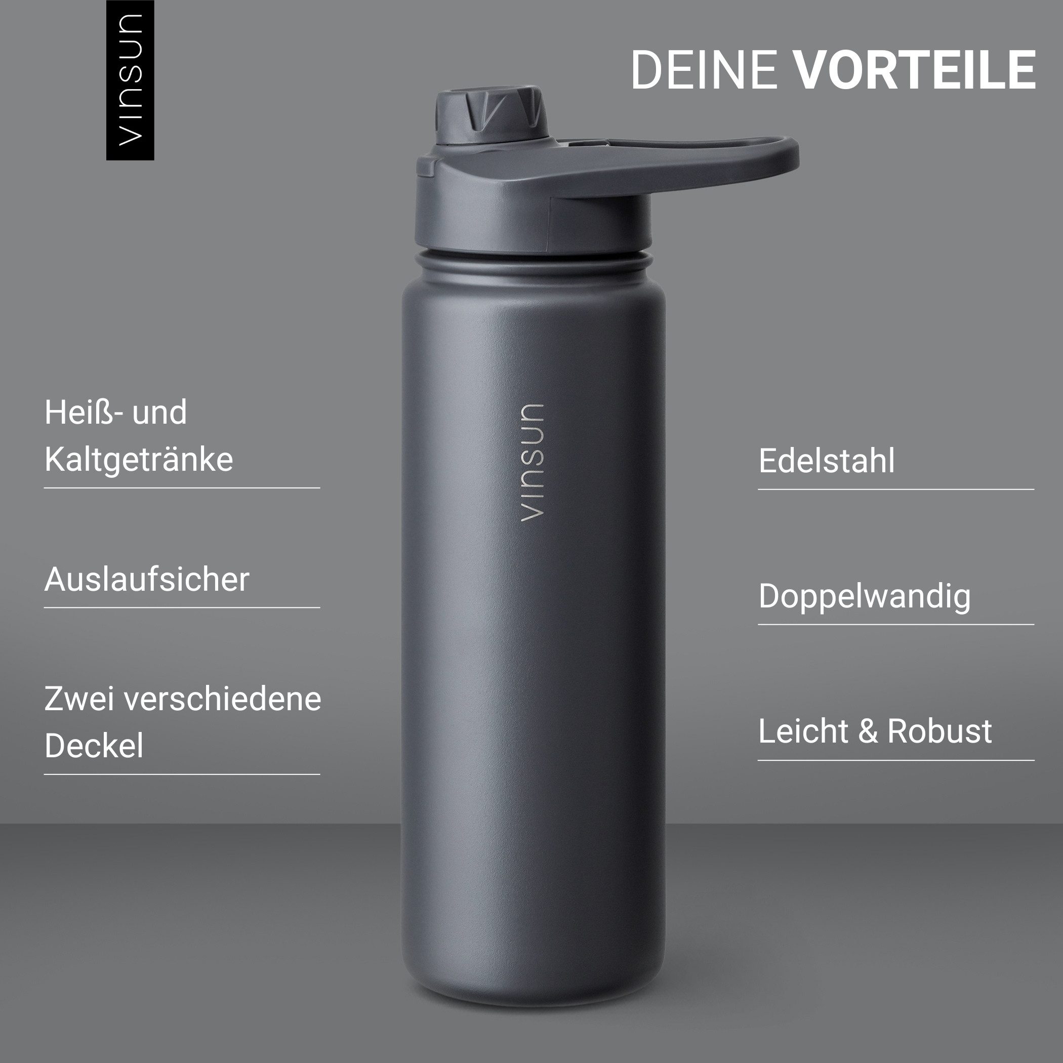 Vinsun Isolierflasche Edelstahl Trinkflasche 750ml Strohhalm - 2 Deckel Thermoflasche, Doppelwandig isoliert, auslaufsicher, bruchsicher, Geruchsneutral – Bild 2 von 5