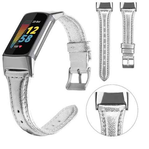 Wigento Smartwatch-Armband Für Fitbit Charge 6 / 5 Leder Watch Armband Frauen Größe S Silber