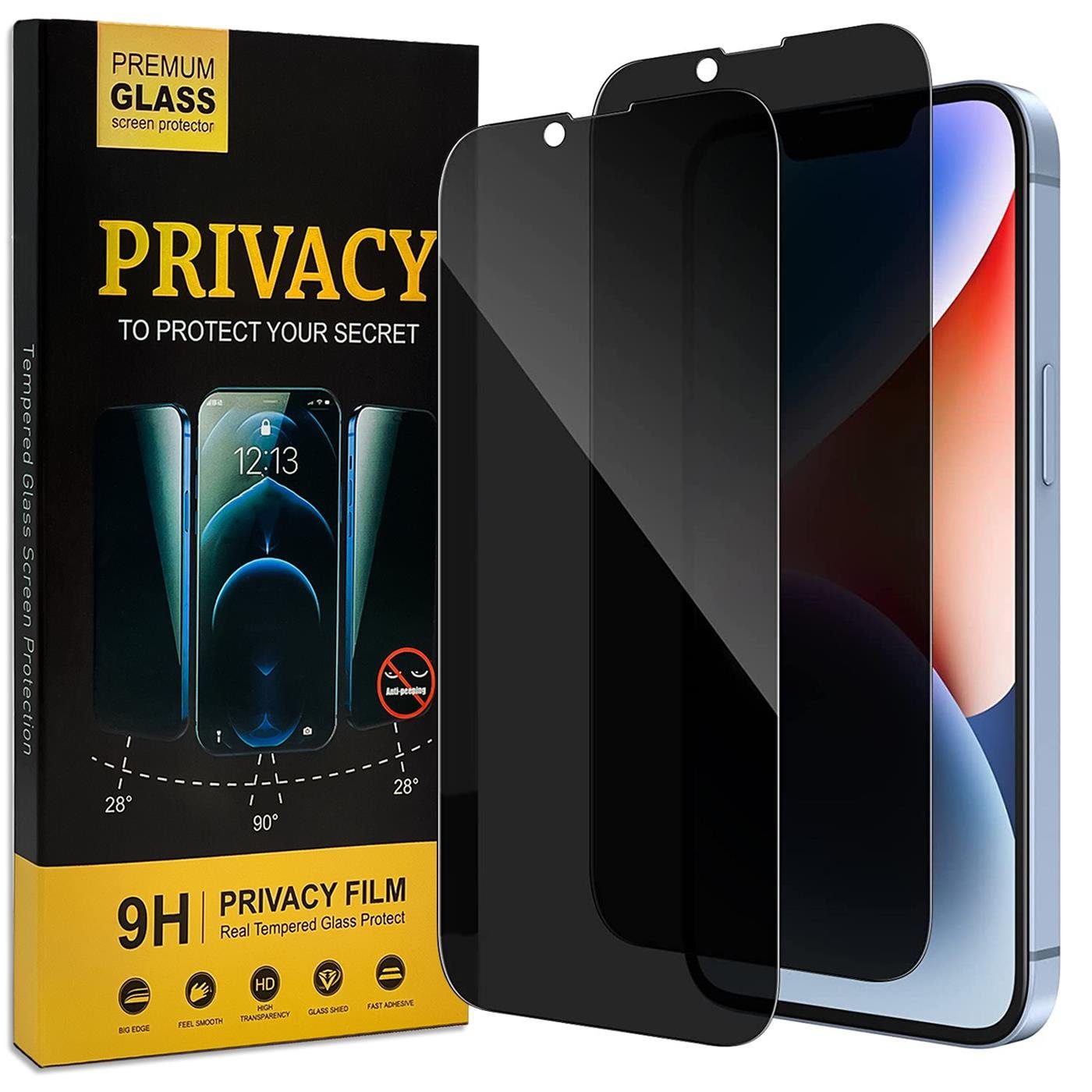 CoolGadget Schutzfolie Sichtschutz Panzerfolie für iPhone 14, (Spar-Set 2in1, Fullscreen), Privacy Fullscreen Glas 2x Anti-Spy Schutzfolie für iPhone 14 Folie