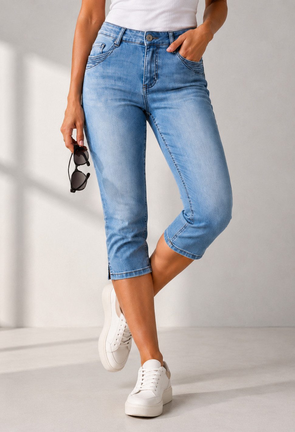 SUBLEVEL Caprijeans Damen Hose 3/4 Jeans Flex Dehnbar Frühling Sommer Dehnbar Stretch Baumwolle