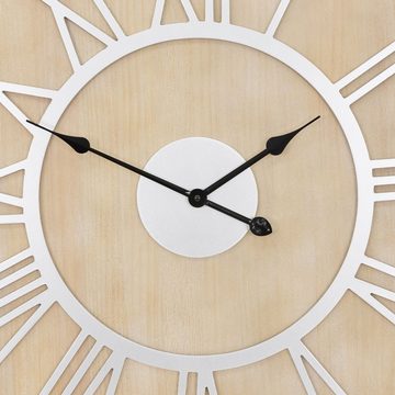 WOMO-DESIGN Wanduhr Designuhr Dekouhr Dekorative Uhr Design (XXL Rund Ø85cm Weiß-Natur Holz-Metall Vintage-Stil Römische Ziffern)