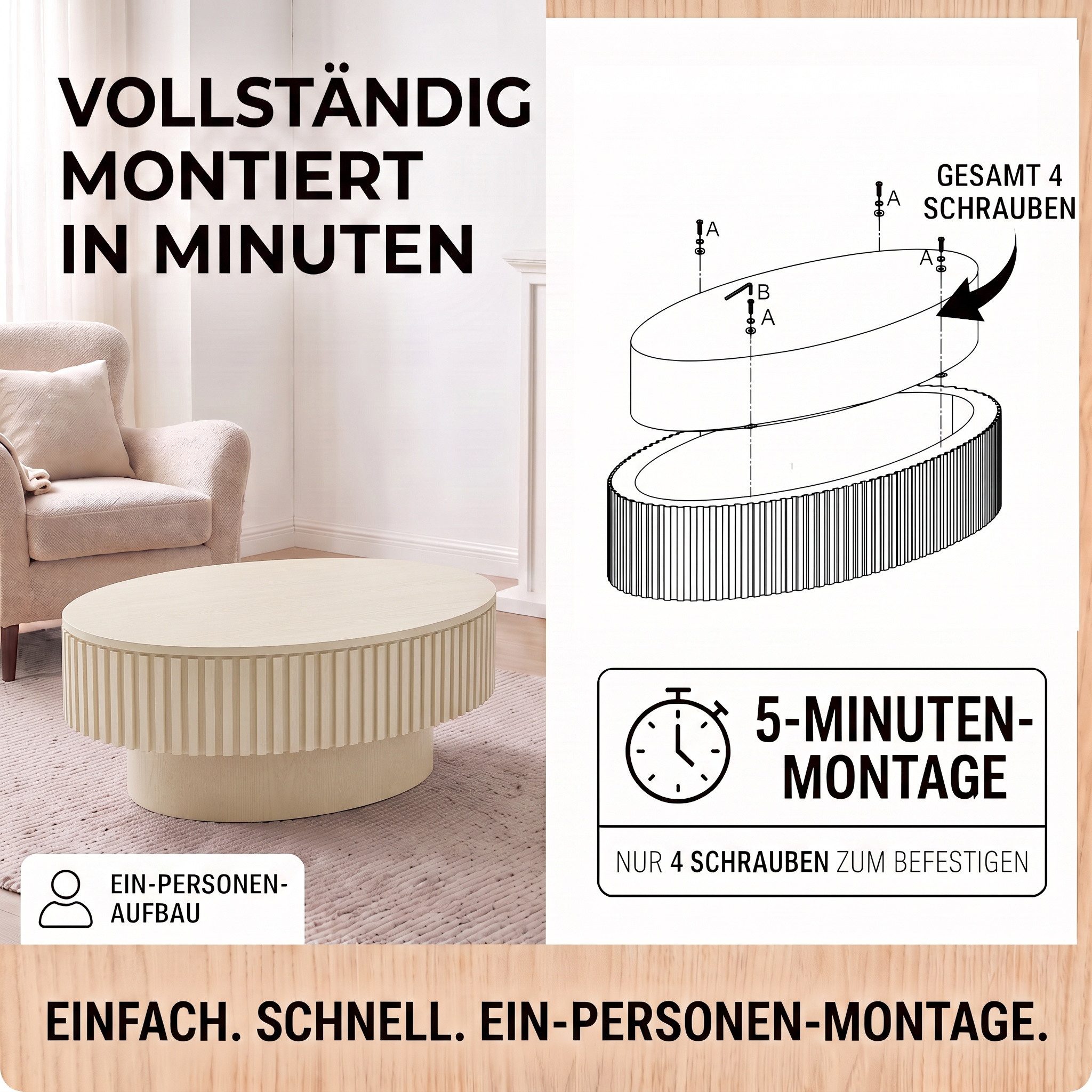 Celya Couchtisch 98 cm Ovaler Cocktailtisch mit verstecktem Stauraum (aus Massivholzfurnier, einfache Montage in 5 Minuten) – Bild 3 von 5