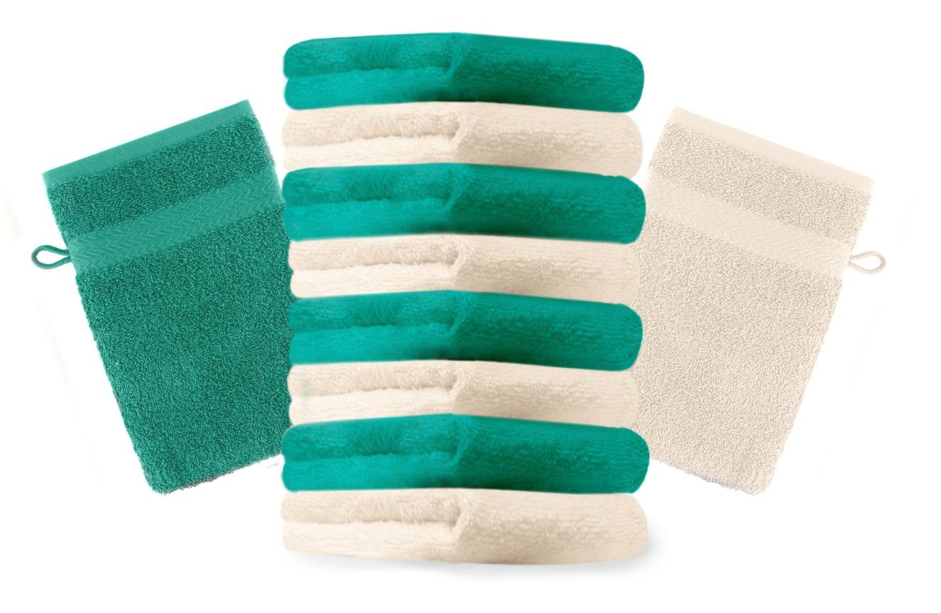Waschhandschuh 10 Stück Premium 16x21 cm Farbe smaragdgrün und beige