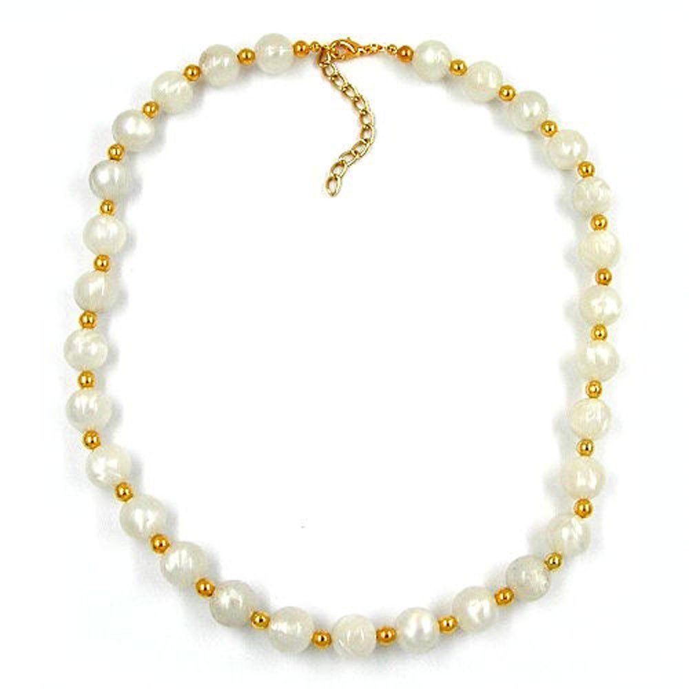 unbespielt Collier Collier Perlenkette seidig-weiss und goldfarbene  Kunststoffperlen 42 cm inkl. Schmuckbox, Modeschmuck für Damen