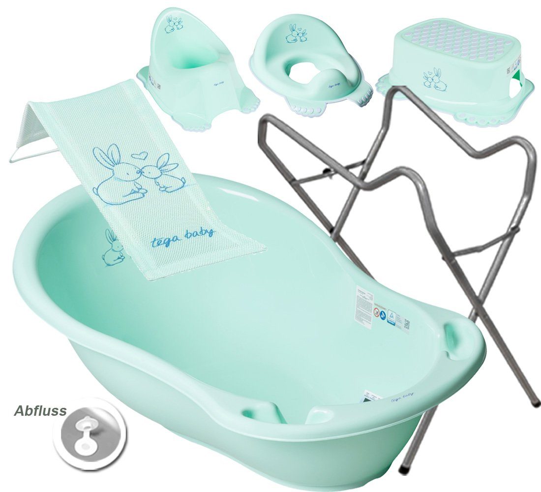 Tega-Baby Babybadewanne 5 TEILE SET H - BUNNIES Minze - Gestell Grau- Babybadeset Abfluss, (Made in Europe Premium Set), ** Babywanne+ Badesitz + Topf + WC Aufsatz+Hocker + Gestell **