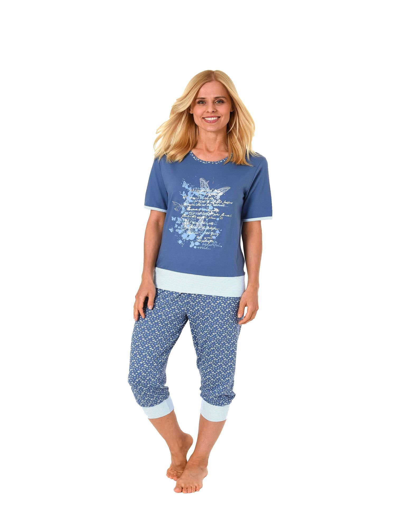 Normann Pyjama Zweierpack Damen Capri Pyjama Schlafanzüge Kurzarm mit Rundhals