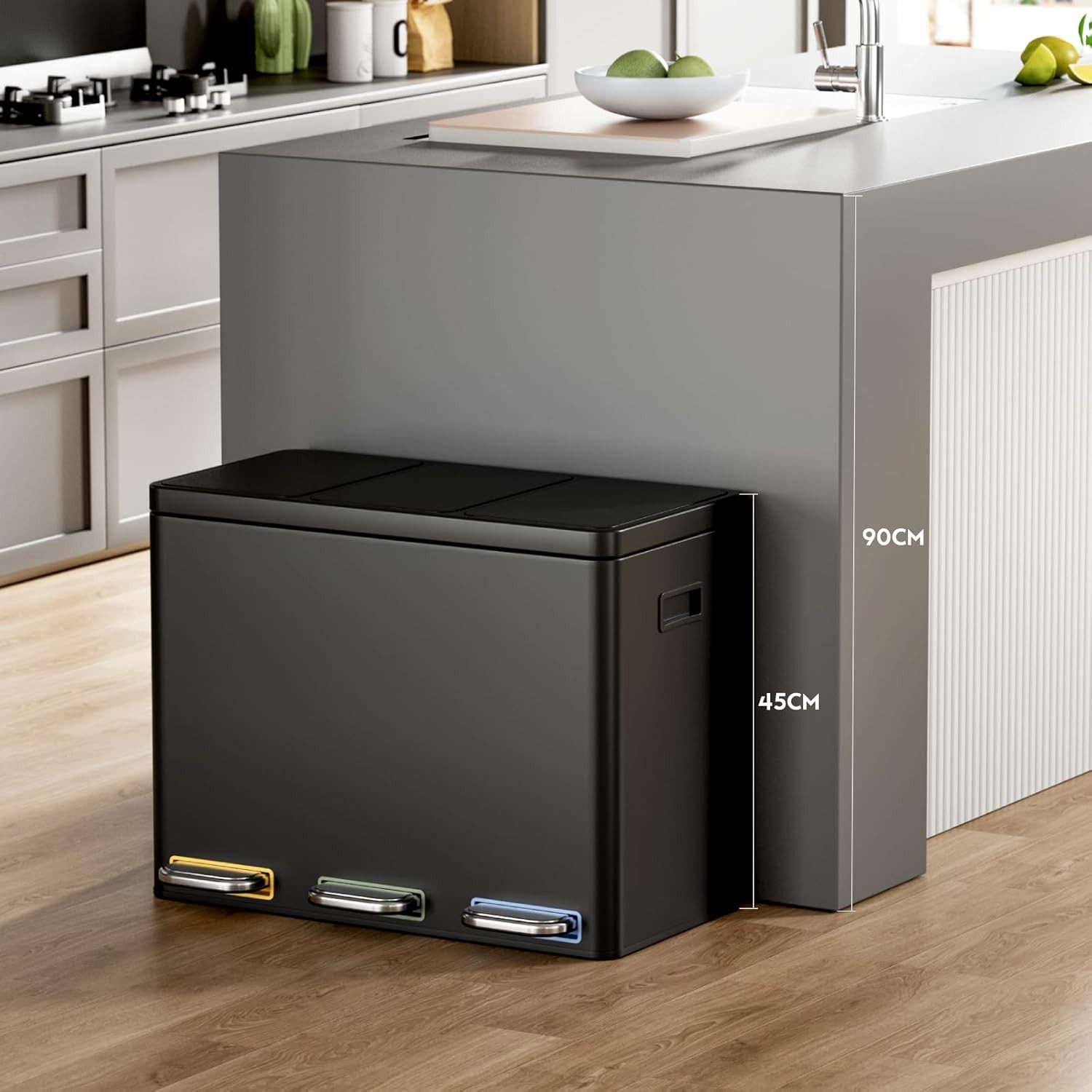 TLGREEN Mülltrennsystem 3×15L aus Stahl,Mülleimer 3 Fächer mit Soft-Close-Deckeln,Abfalleimer mit Herausnehmbare Inneneime