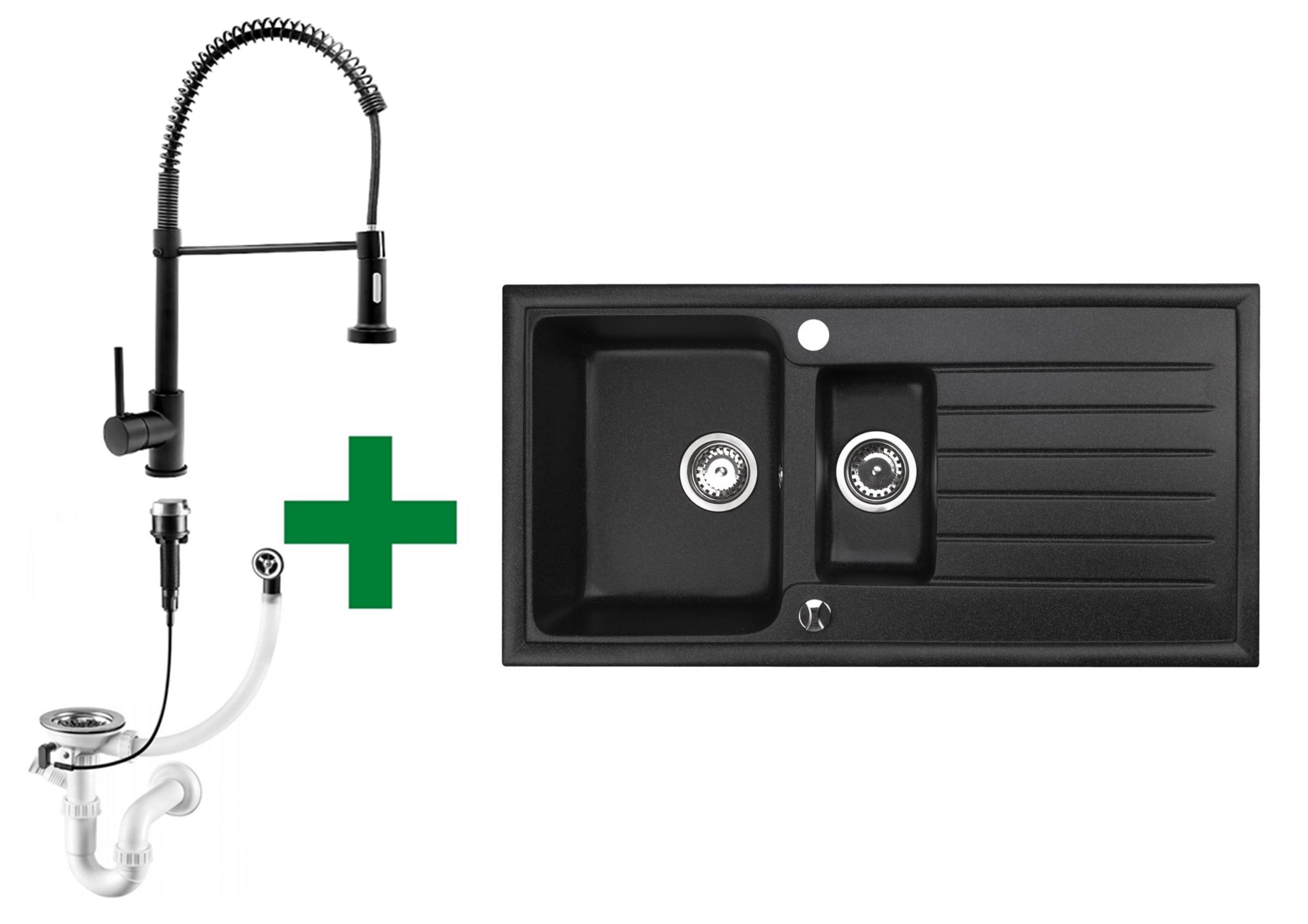 Faizee Möbel Granitspüle Granitspüle 100x50 cm Spülbecken 2 Becken mit Armatur Spiral u. Siphon