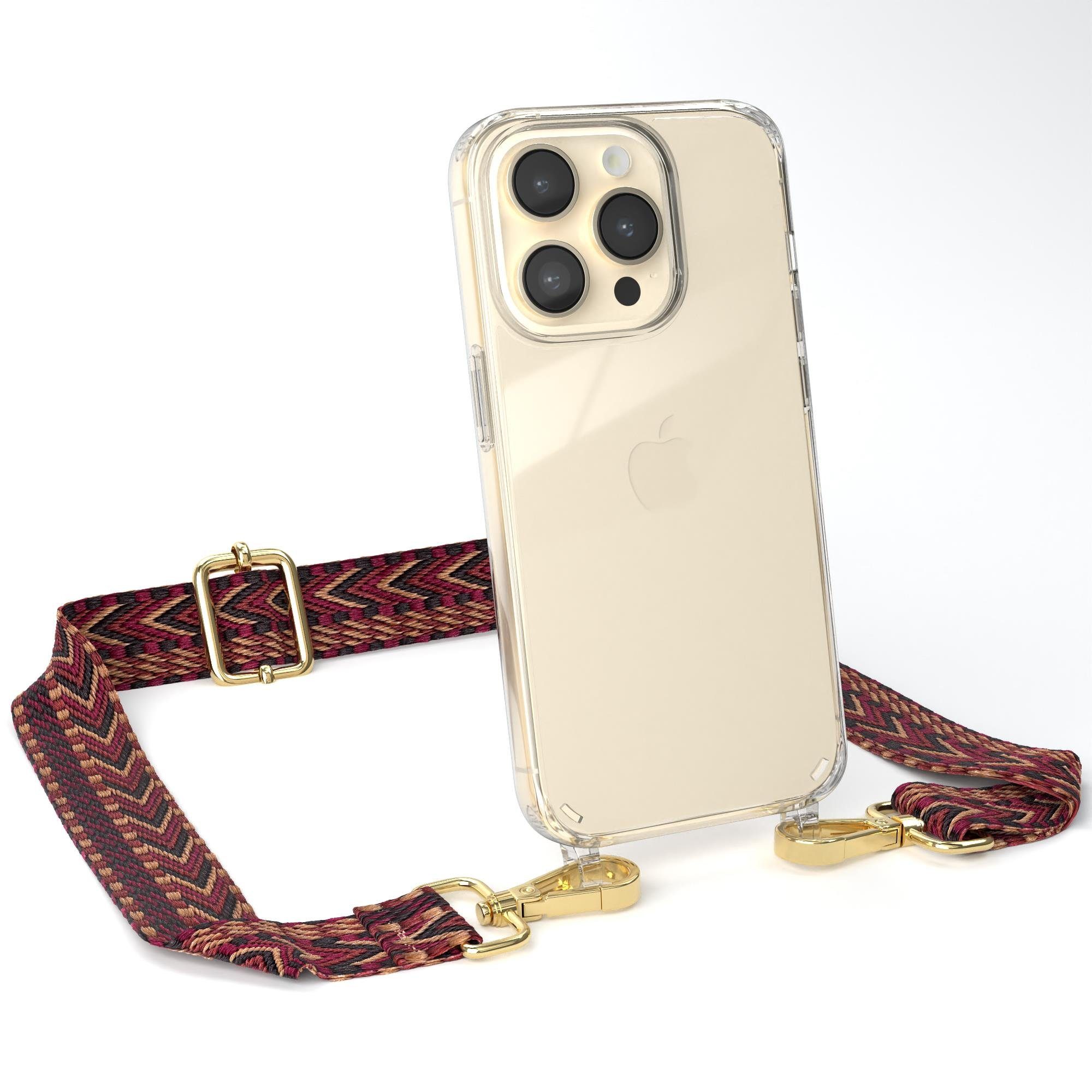 EAZY CASE Handykette Boho Umhängeband für Apple iPhone 14 Pro 6,1 Zoll, Hülle aus Silikon mit Kettenband Wechselgurt flexibles Trageband Natur