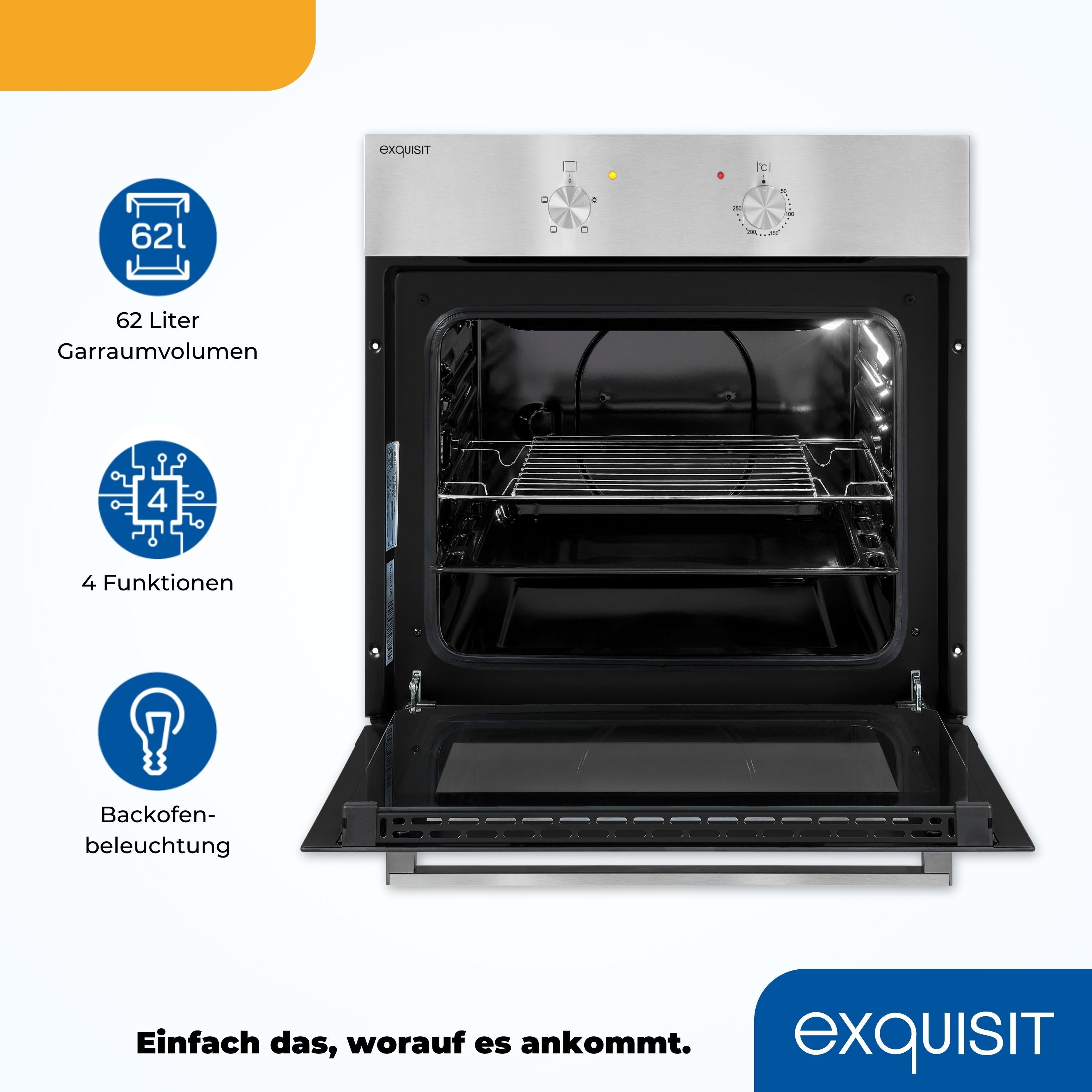 exquisit Einbaubackofen EBE 555-1.1, Alles drin: Grill, Licht, Backblech – für jedes Backvorhaben!