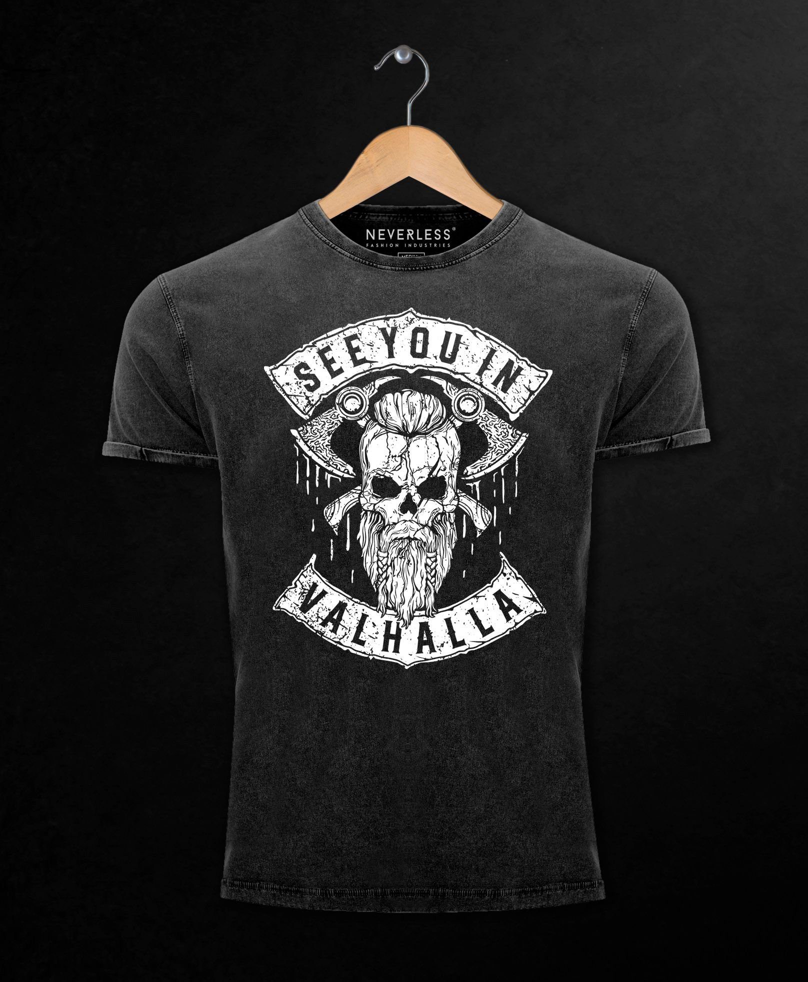 Neverless Print-Shirt Herren Vintage Shirt See You in Valhalla Wikinger Totenkopf Skull mit Print