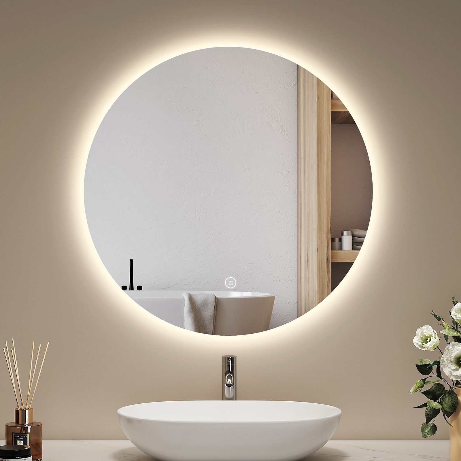 EMKE Badspiegel Runder Wandspiegel mit LED-Beleuchtung ohne Rahmen, Dimmbar Modern (50~80cm, Touchschalter), Kaltweiß/Neutralweiß/Warmweiß Licht, Dimmbar, Memory Funktion, IP44