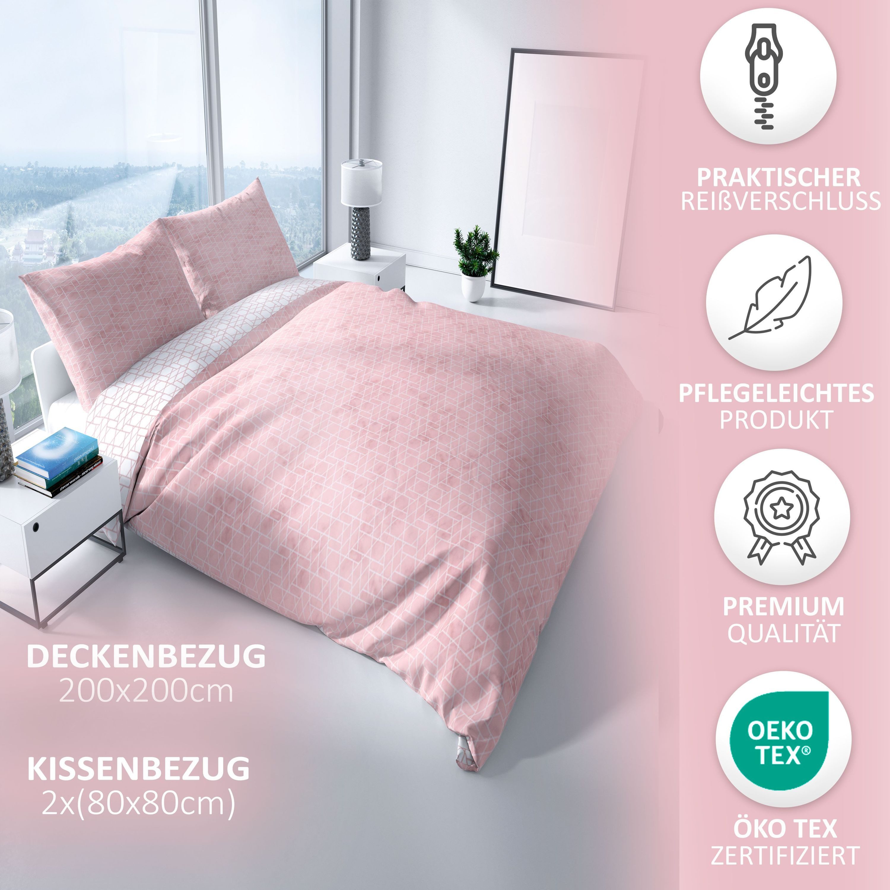 Leonado Vicenti Bettwäsche Baumwolle fein gewebt, Renforcé, 3 teilig, modernes Rauten Design in Rosa Weiß – Bild 2 von 5