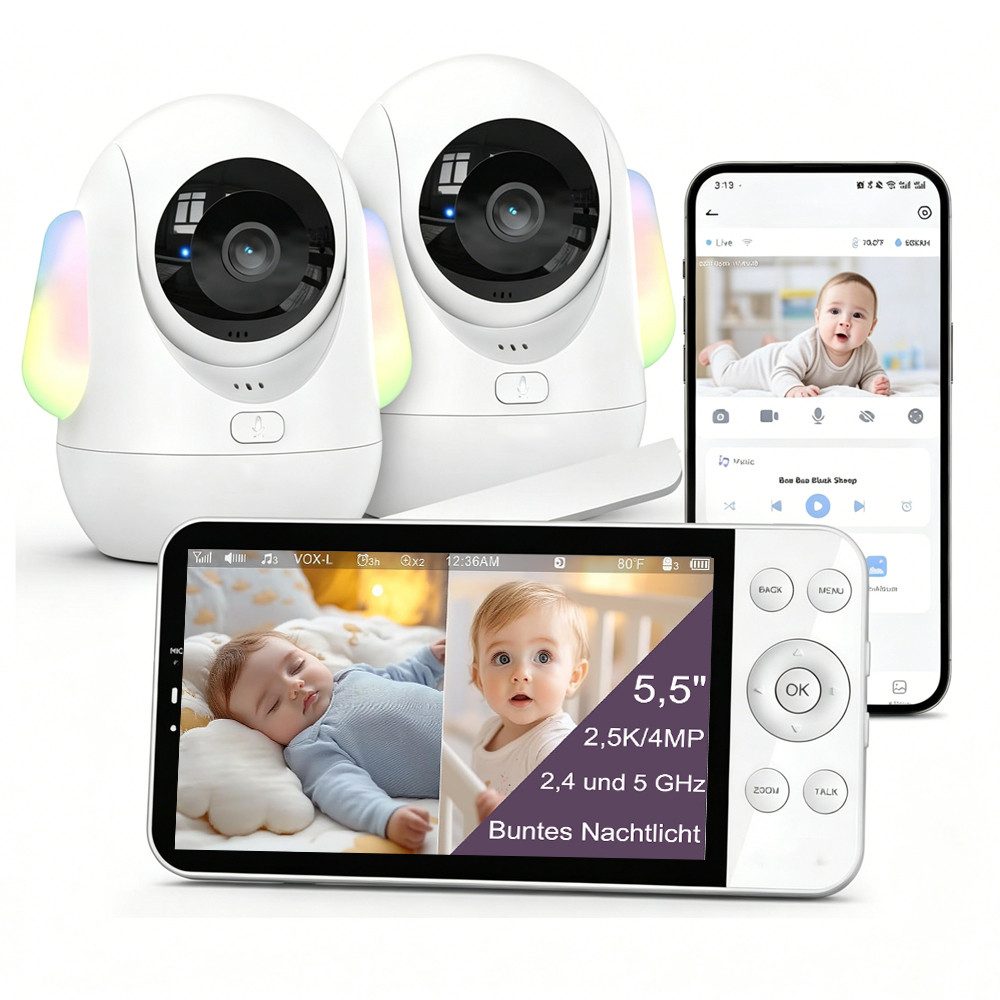 TWUFY Babyphone Babyphone mit Kamera 2.5K & 5.5-Zoll-HD-Großbildschirm Nachtsicht, unterstützt 2,4 GHz und 5 GHz, 1-tlg., 360° WLAN Video Babyfon mit App, Musik & Buntes Nachtlicht, Intelligente Erkennung